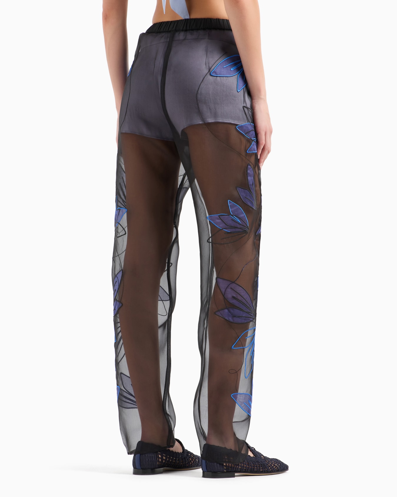 Pure silk organza elasticated-waist trousers with floral embroidery Slide 3