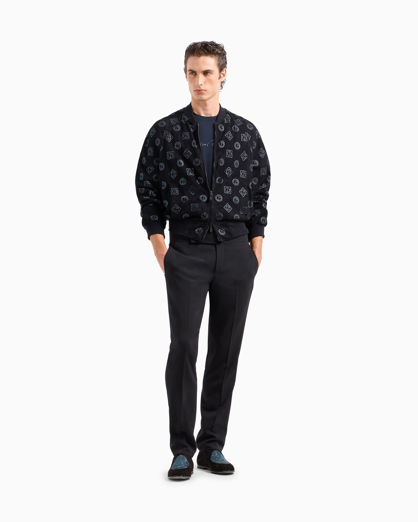 Suede blouson with all-over rhinestone monogram Slide 1