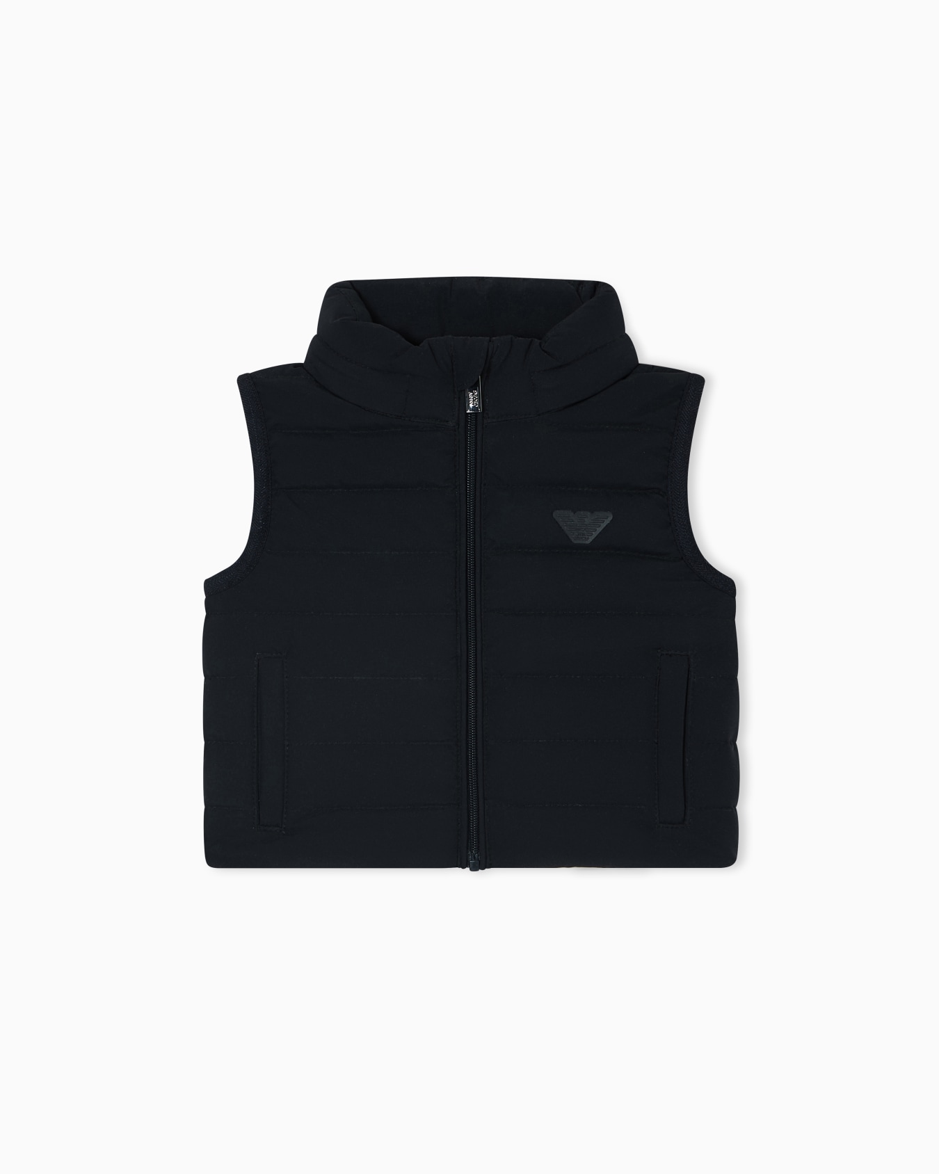Sleeveless nylon down jacket with zip and logo patch Slide 0