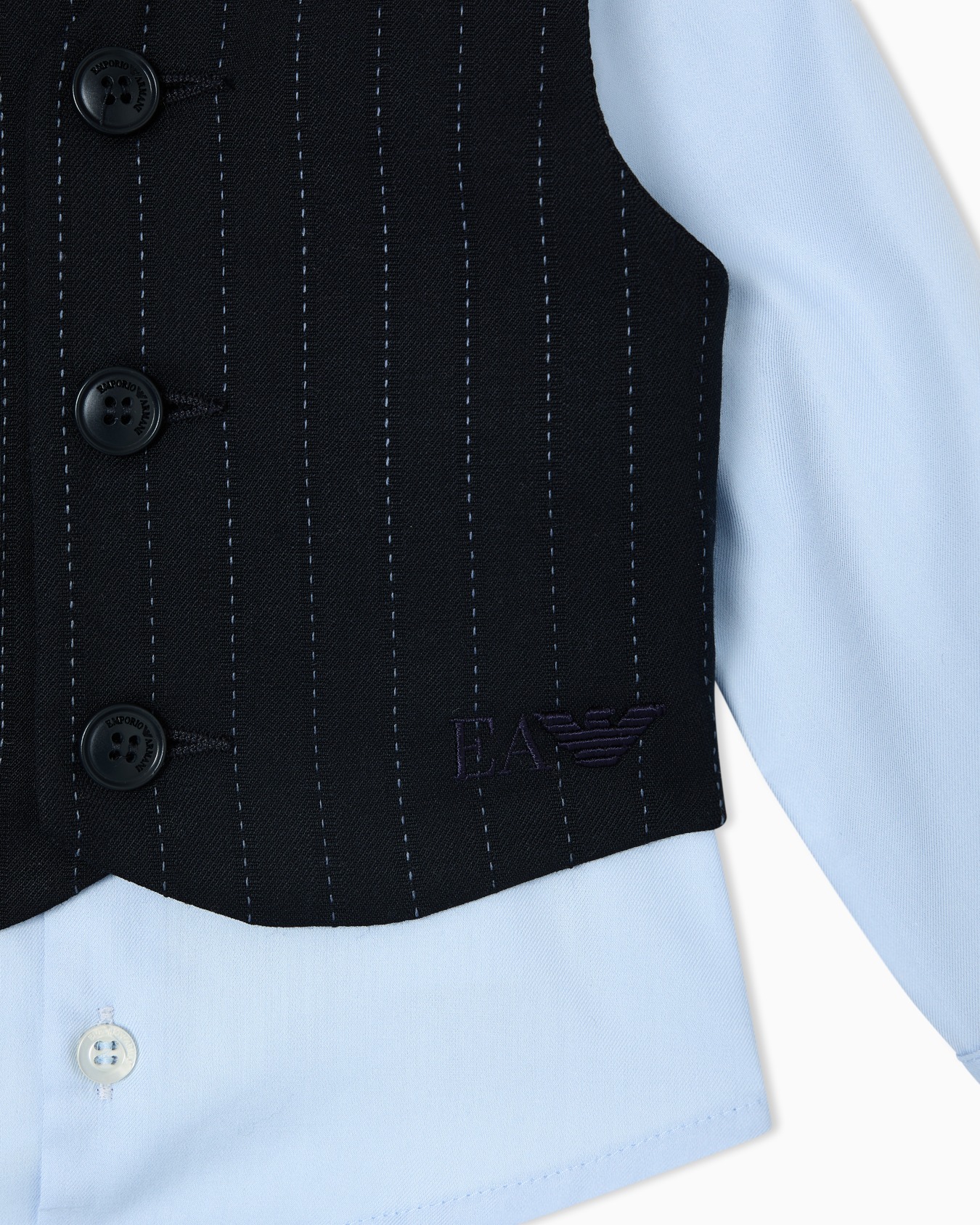 Suit with shirt, waistcoat and trousers in a pinstripe motif Slide 1