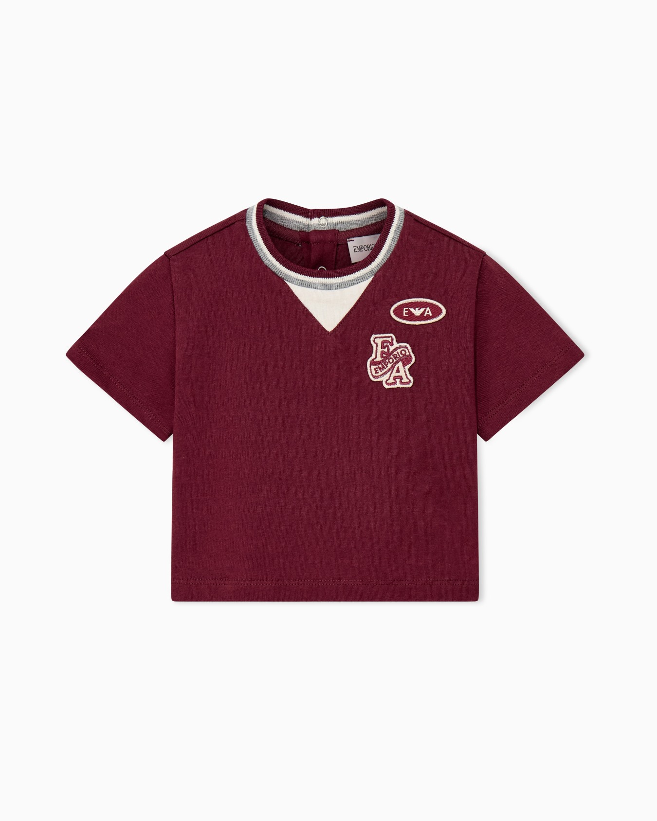 Cotton T-shirt with striped collar and embroidered patches Slide 0