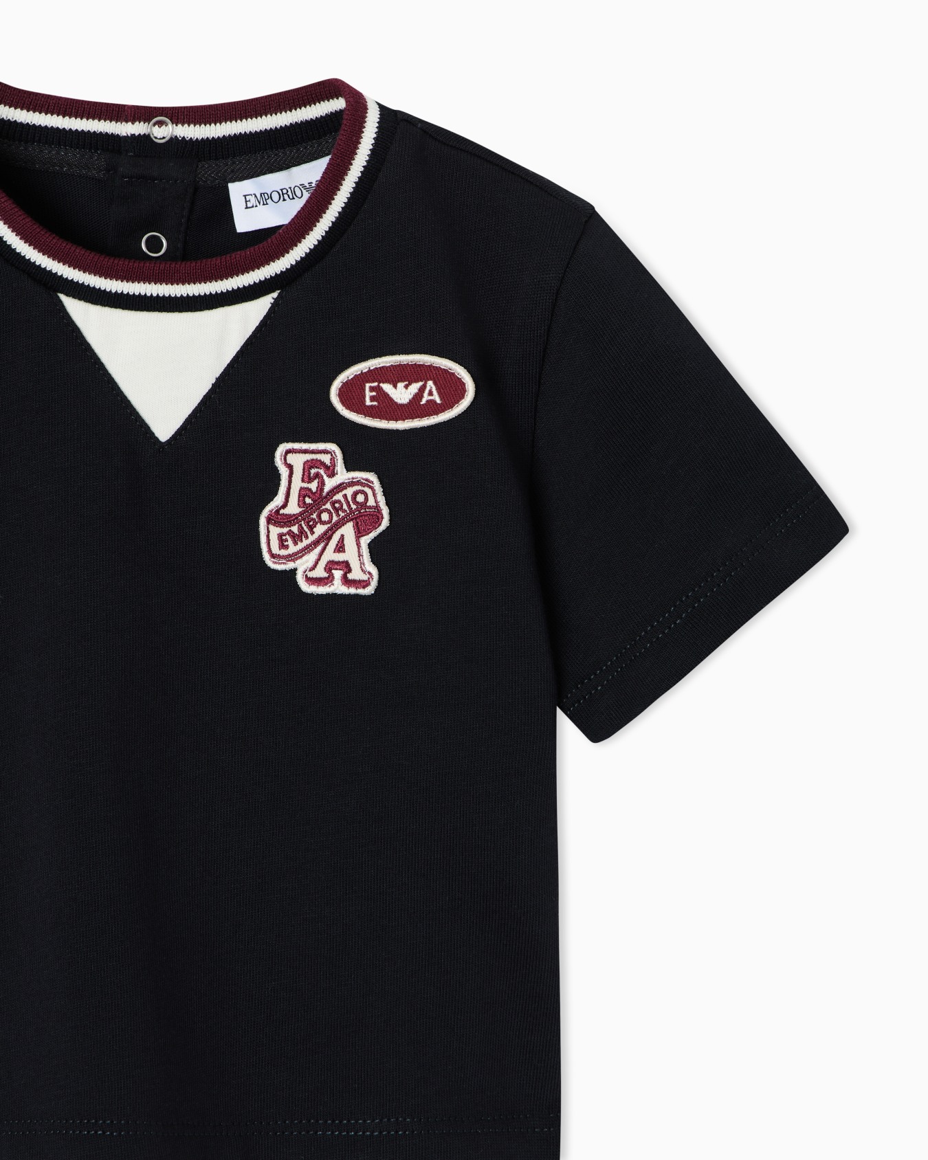 Cotton T-shirt with striped collar and embroidered patches Slide 1