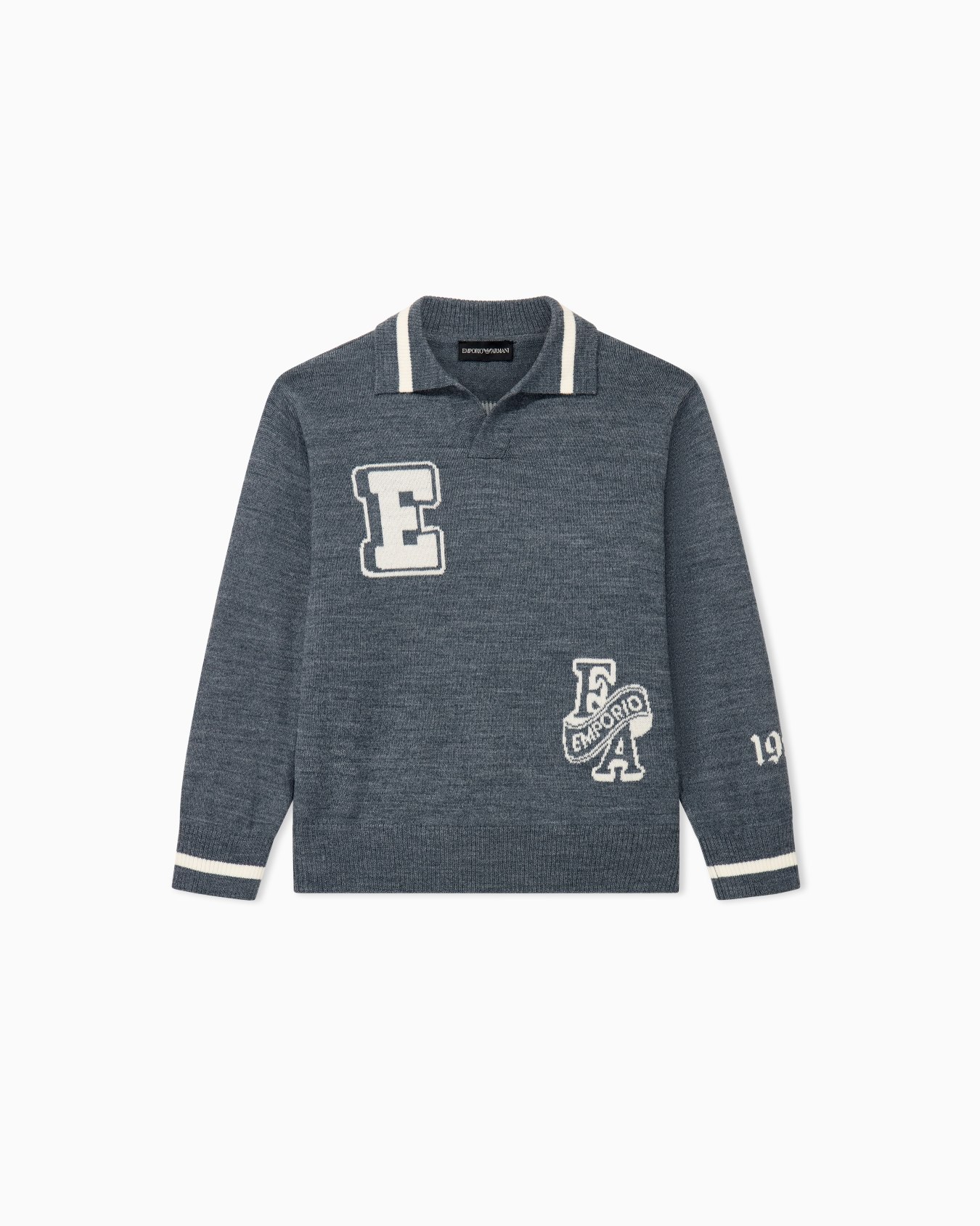 Textured knit polo sweater with patches and striped trims Slide 0