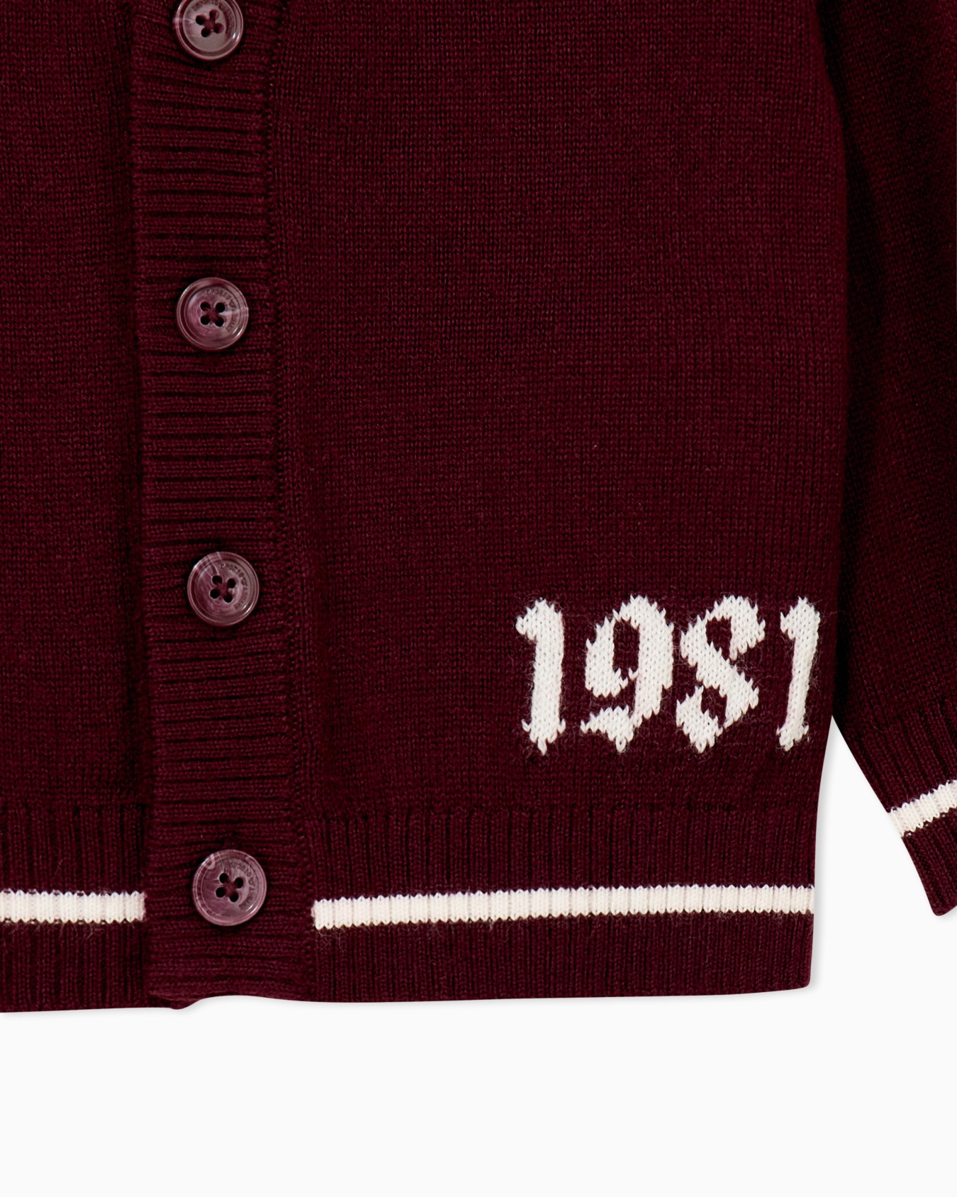 V-neck knit cardigan with a buttoned front and 1981 detail Slide 1