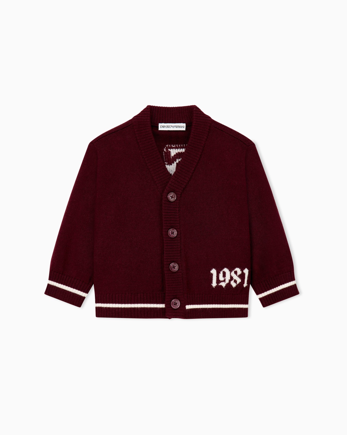 V-neck knit cardigan with a buttoned front and 1981 detail Slide 0