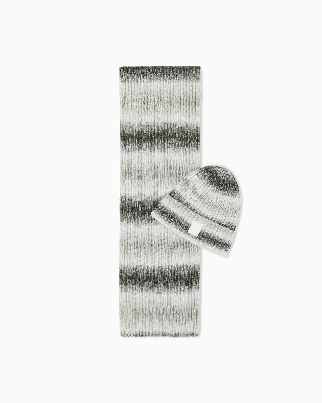 Ribbed cotton knitwear set with a striped beanie and scarf Slide 0