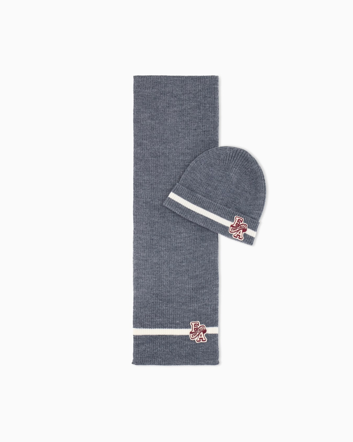 Ribbed knit virgin wool beanie and scarf set with stripes Slide 0