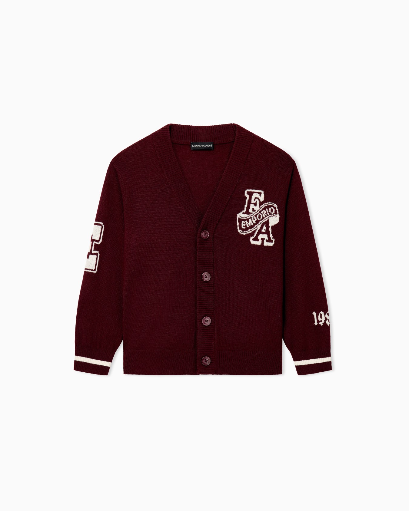 V-neck cardigan with embroidered patches and button closure Slide 0