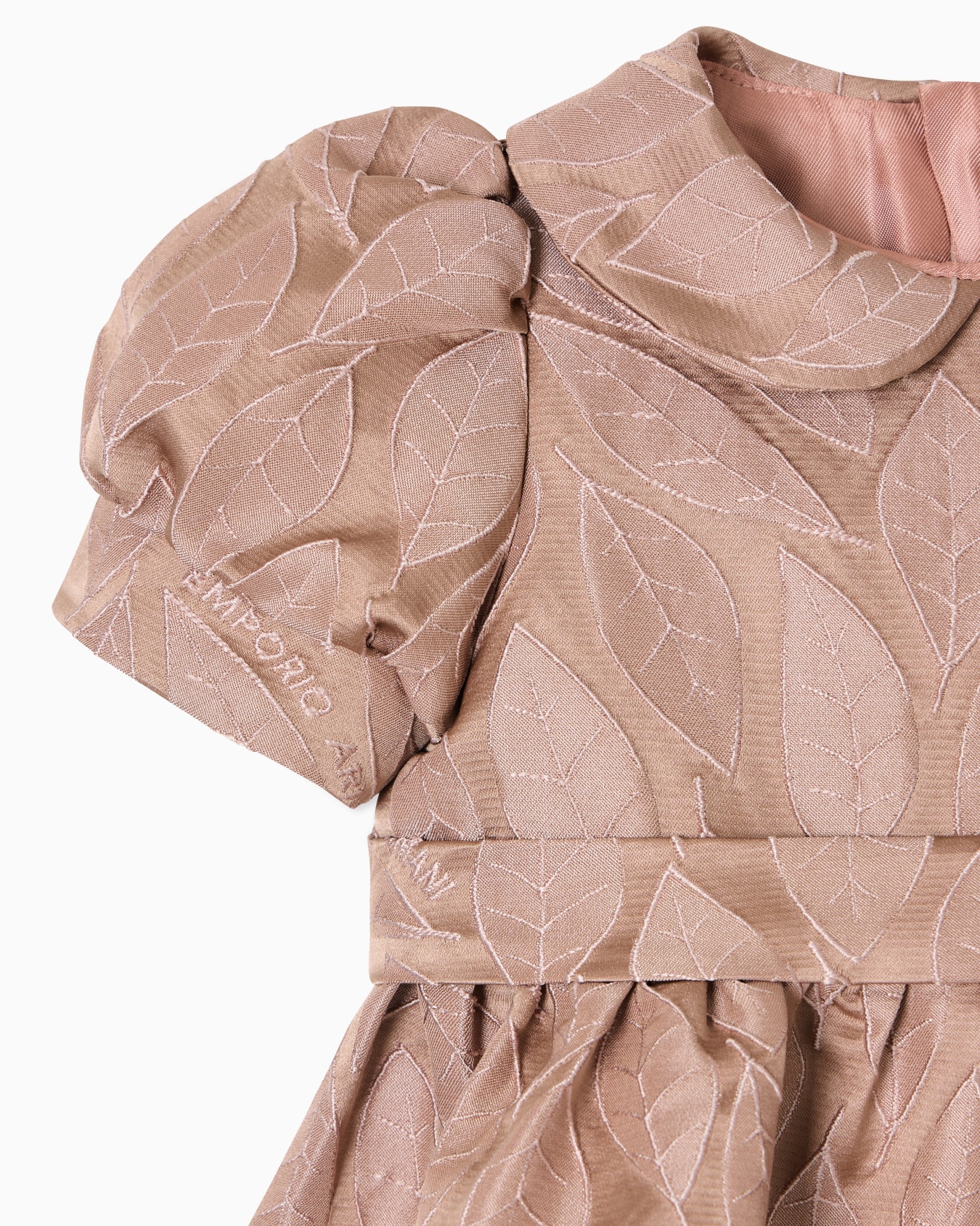 Abito con maniche a sbuffo in tessuto jacquard disegno foglie Slide 1