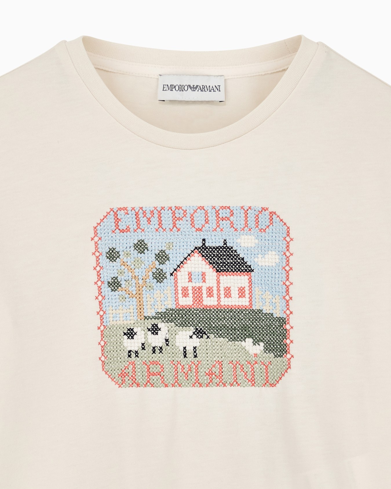 Cotton jersey T-shirt with a cross-stitch floral motif Slide 1