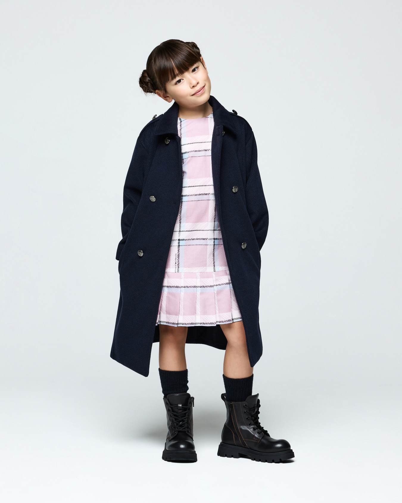 Printed plaid cotton and viscose dress with pleated hem Slide 3