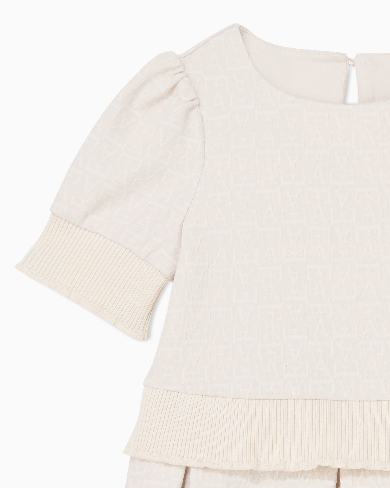 Monogram jacquard dress with puff sleeves and pleated skirt Slide 1