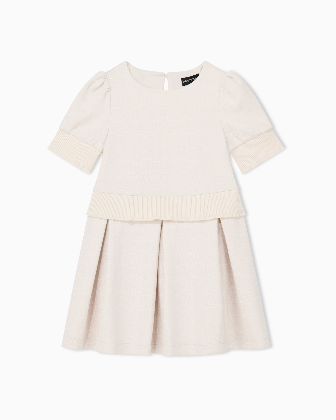 Monogram jacquard dress with puff sleeves and pleated skirt Slide 0