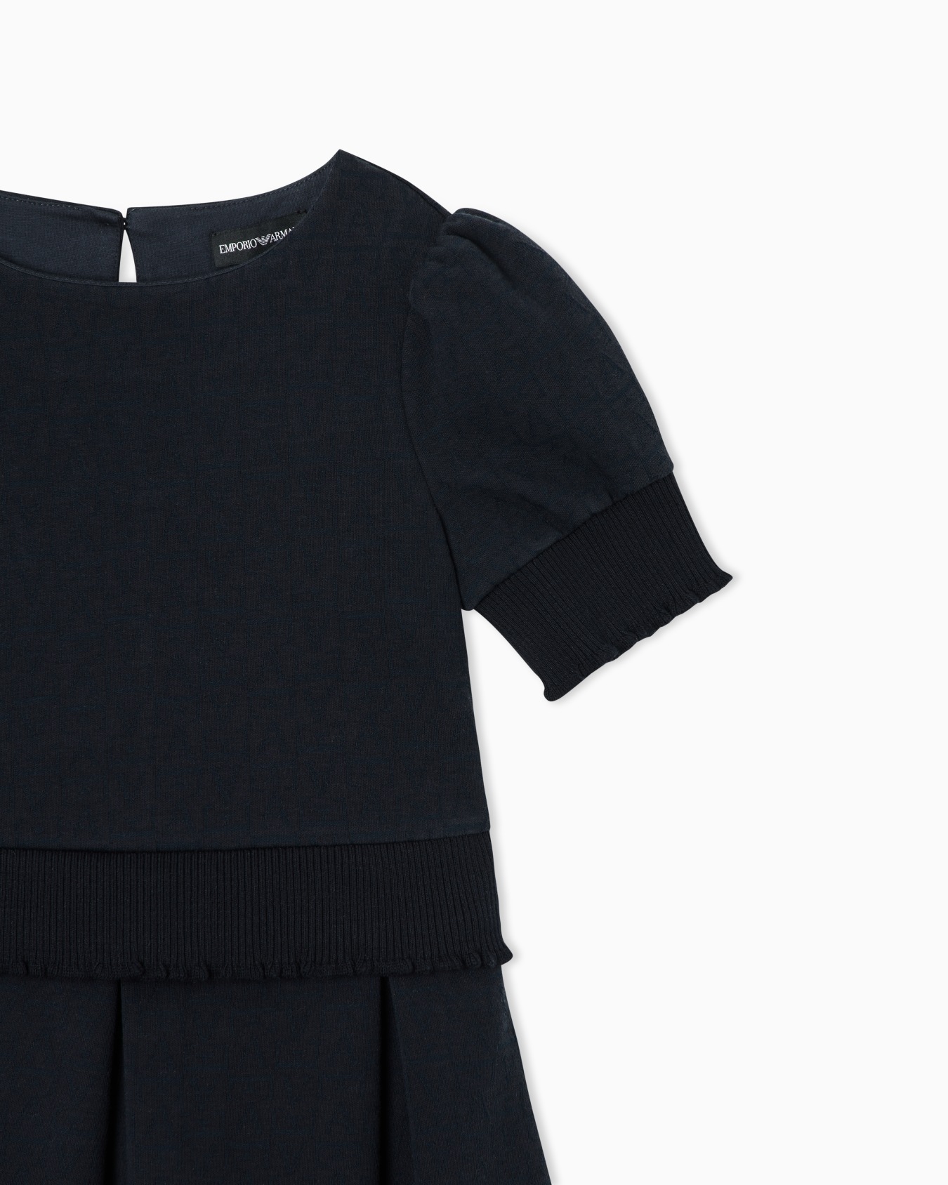 Monogram jacquard dress with puff sleeves and pleated skirt Slide 1