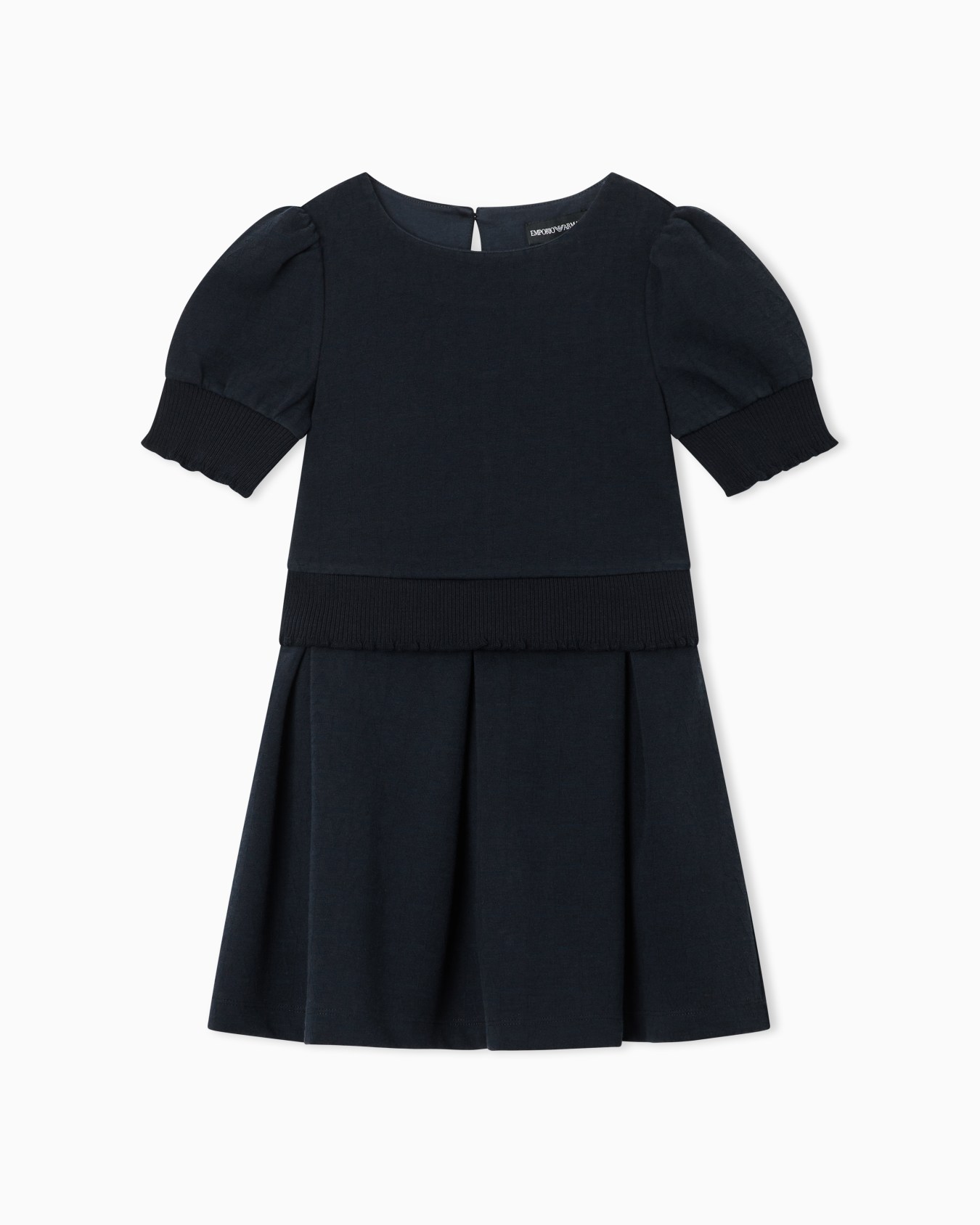 Monogram jacquard dress with puff sleeves and pleated skirt Slide 0