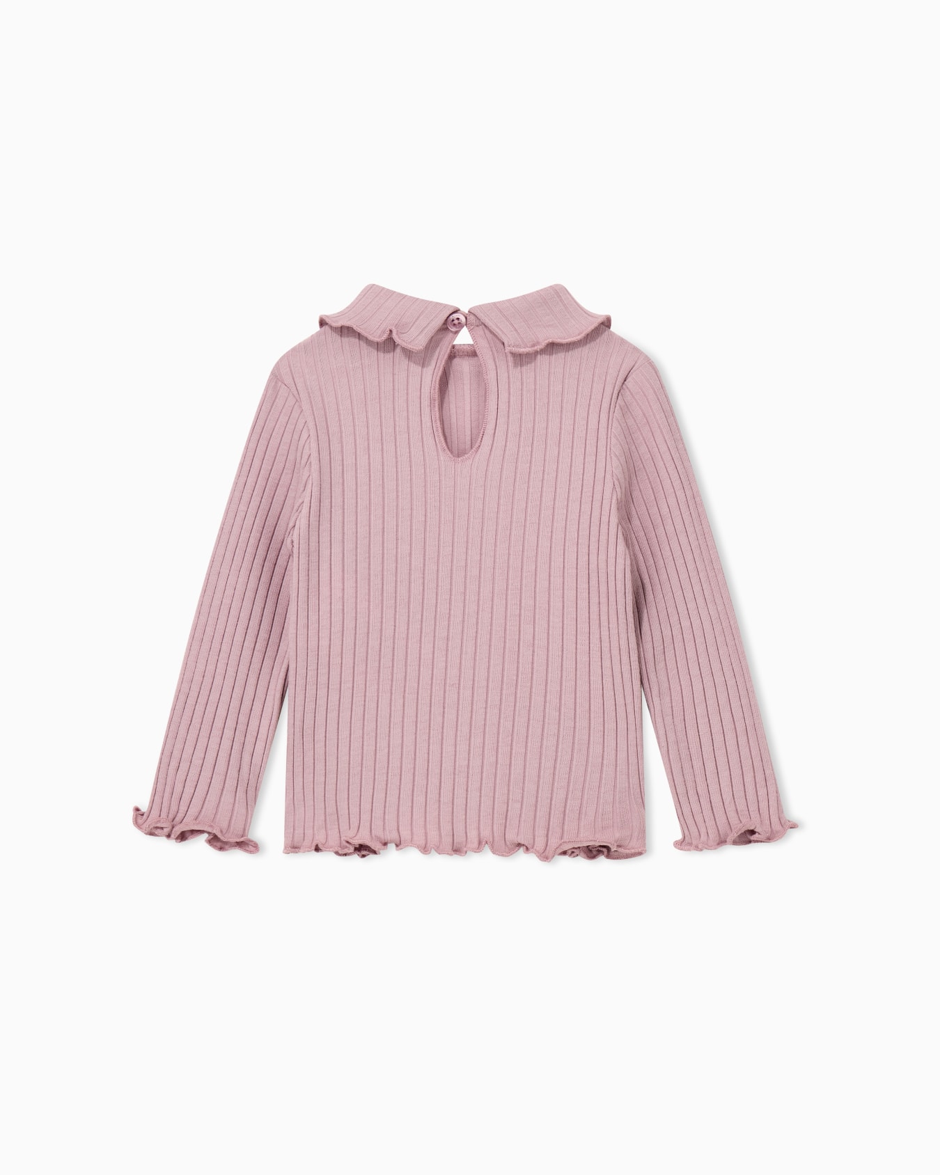 T-shirt in ribbed cotton with long sleeve and ruffled collar Slide 2