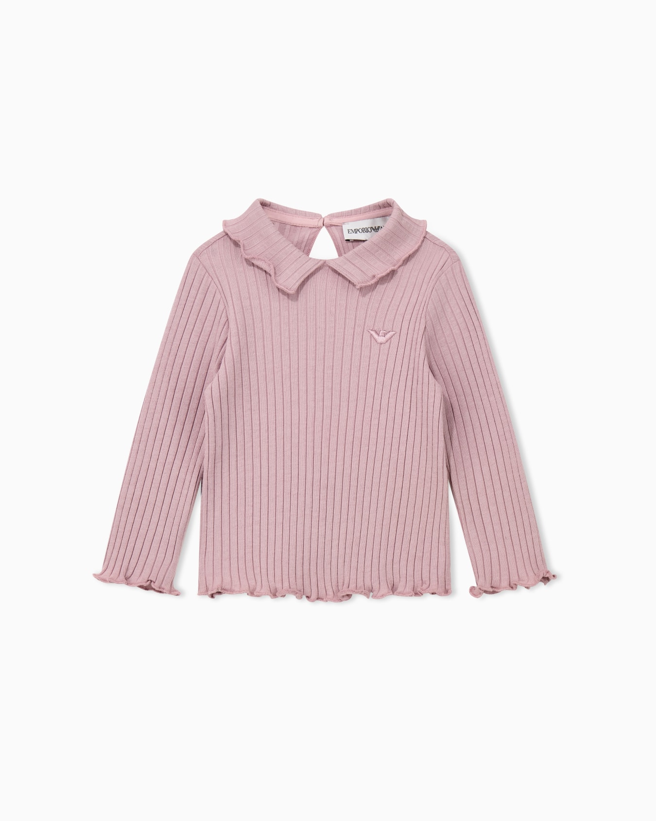 T-shirt in ribbed cotton with long sleeve and ruffled collar Slide 0