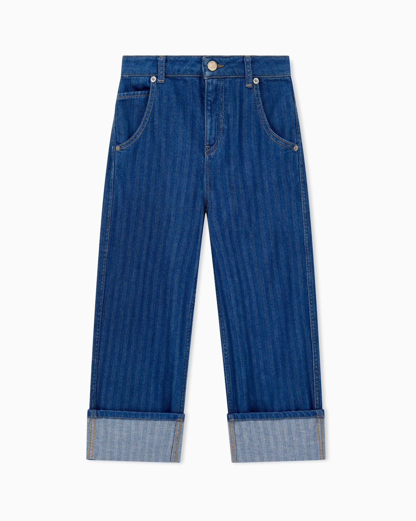 Wide-leg denim jeans with vertical stripes and a cuffed hem Slide 0