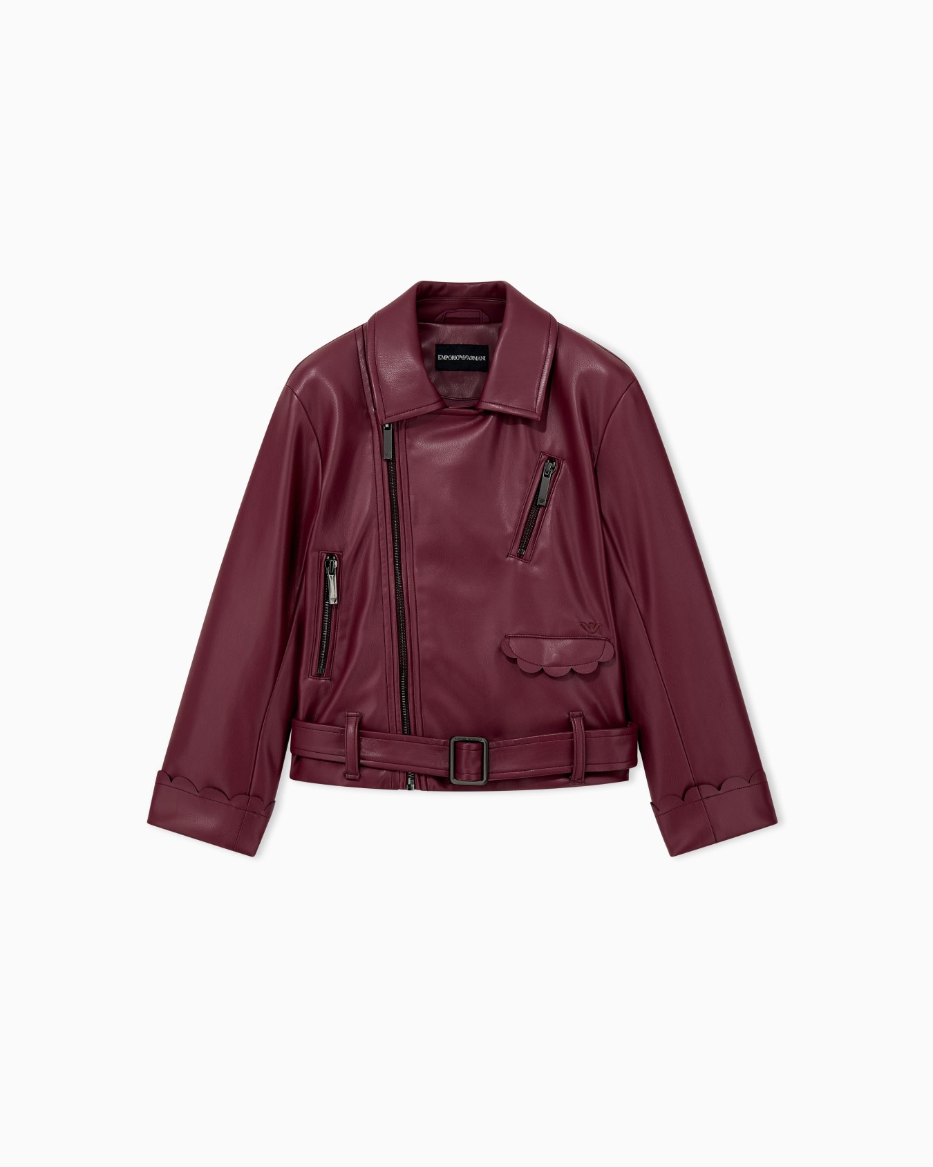 Faux leather biker jacket with a belt and scalloped edges 슬라이드 0