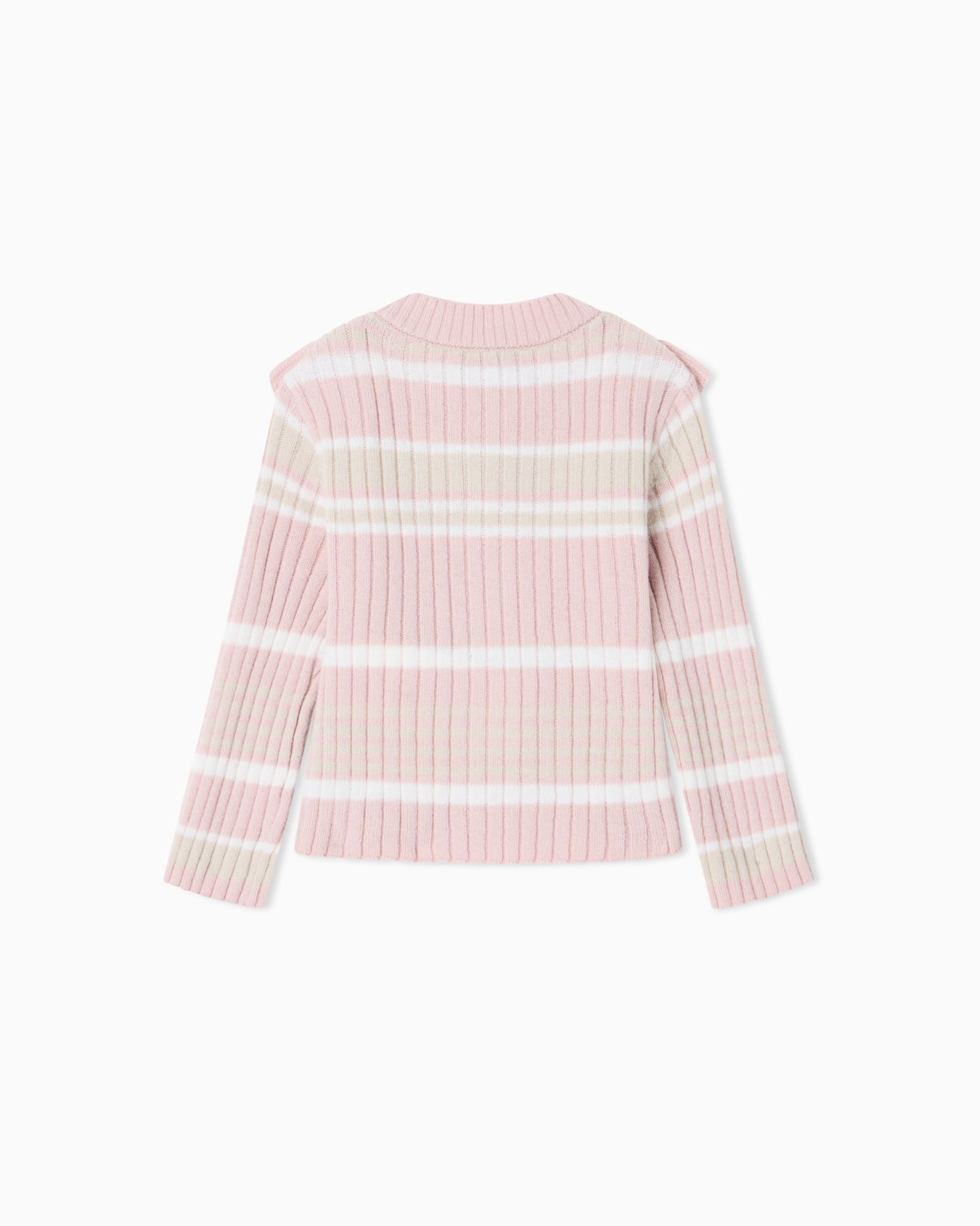 Ribbed knit baby cardigan with stripes and shoulder ruffles Slide 2