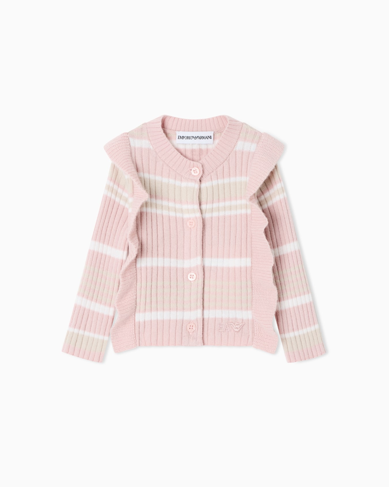 Ribbed knit baby cardigan with stripes and shoulder ruffles Slide 0