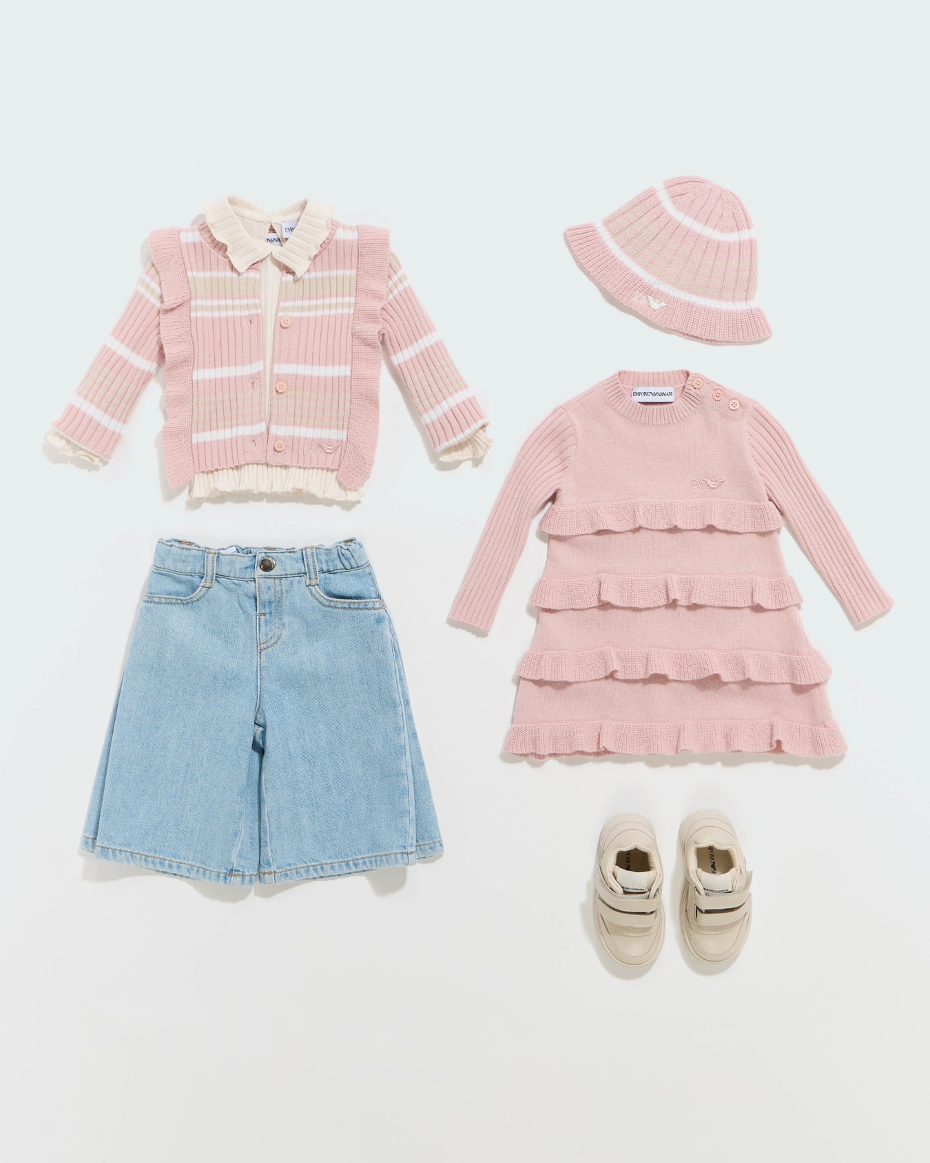 Ribbed knit baby cardigan with stripes and shoulder ruffles Slide 3