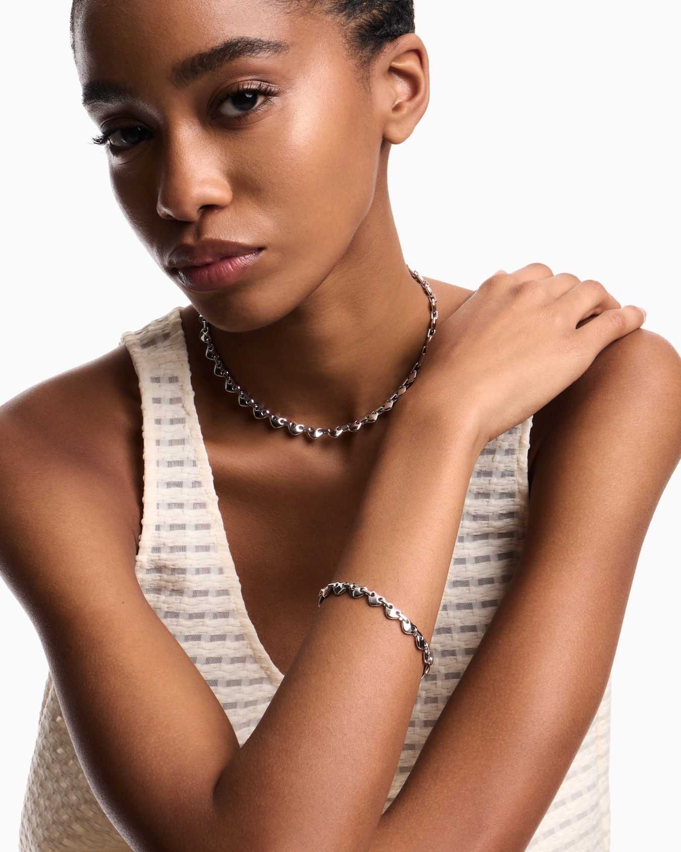  Silver-Tone Brass Heart Chain Bracelet Slide 1