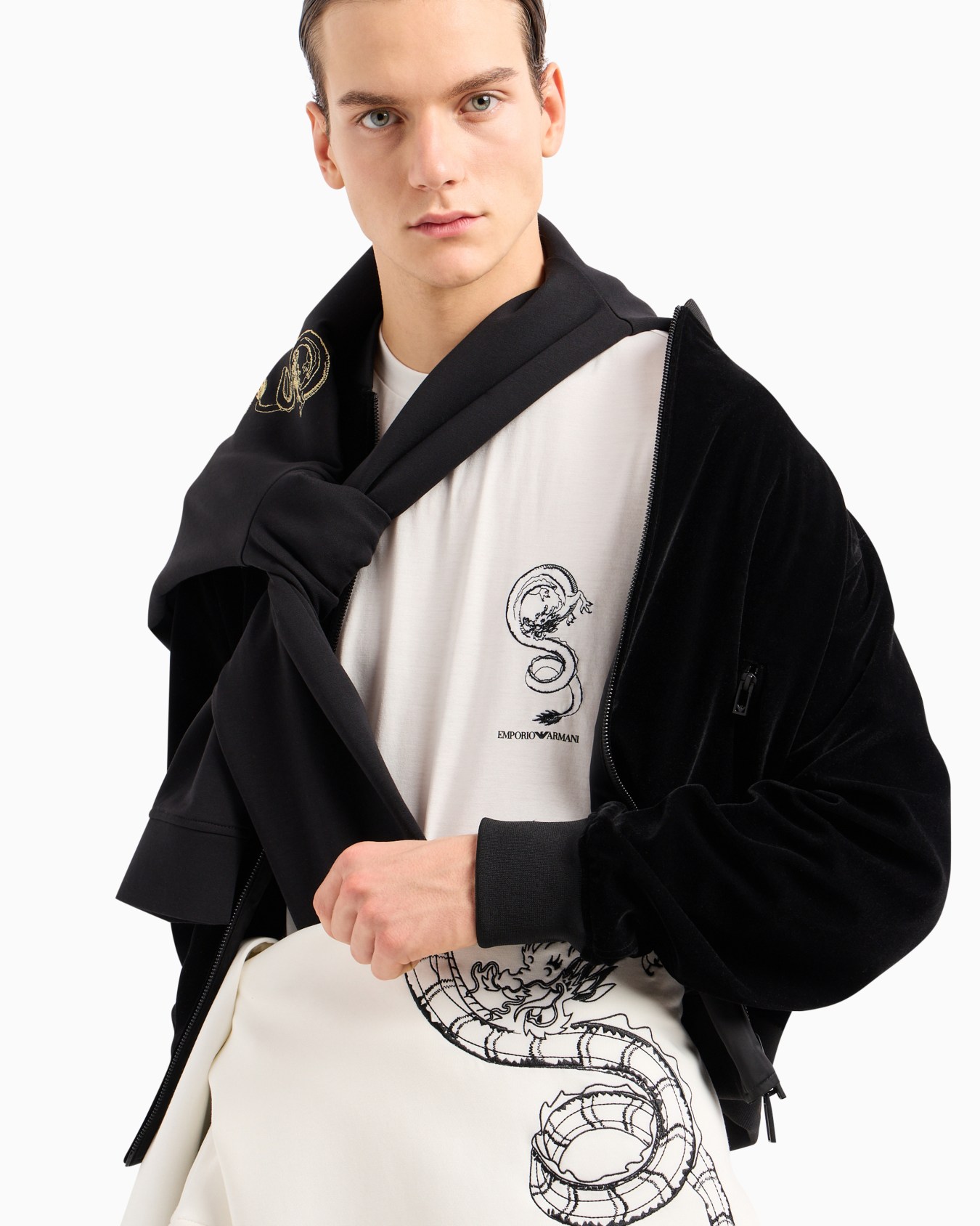 Armani Sustainability Values Lyocell-blend jersey T-shirt with dragon embroidery Slide 4