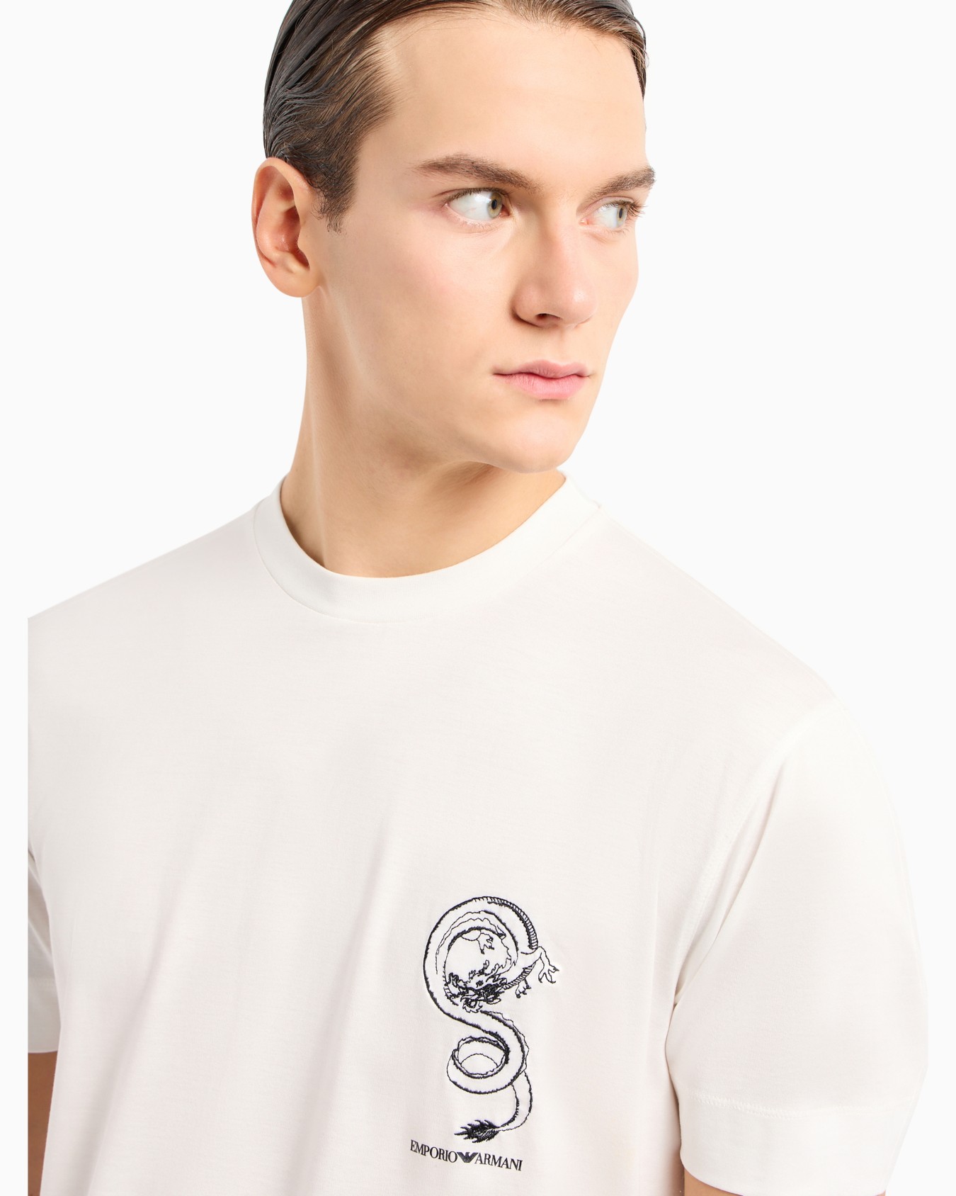 Armani Sustainability Values Lyocell-blend jersey T-shirt with dragon embroidery Slide 5