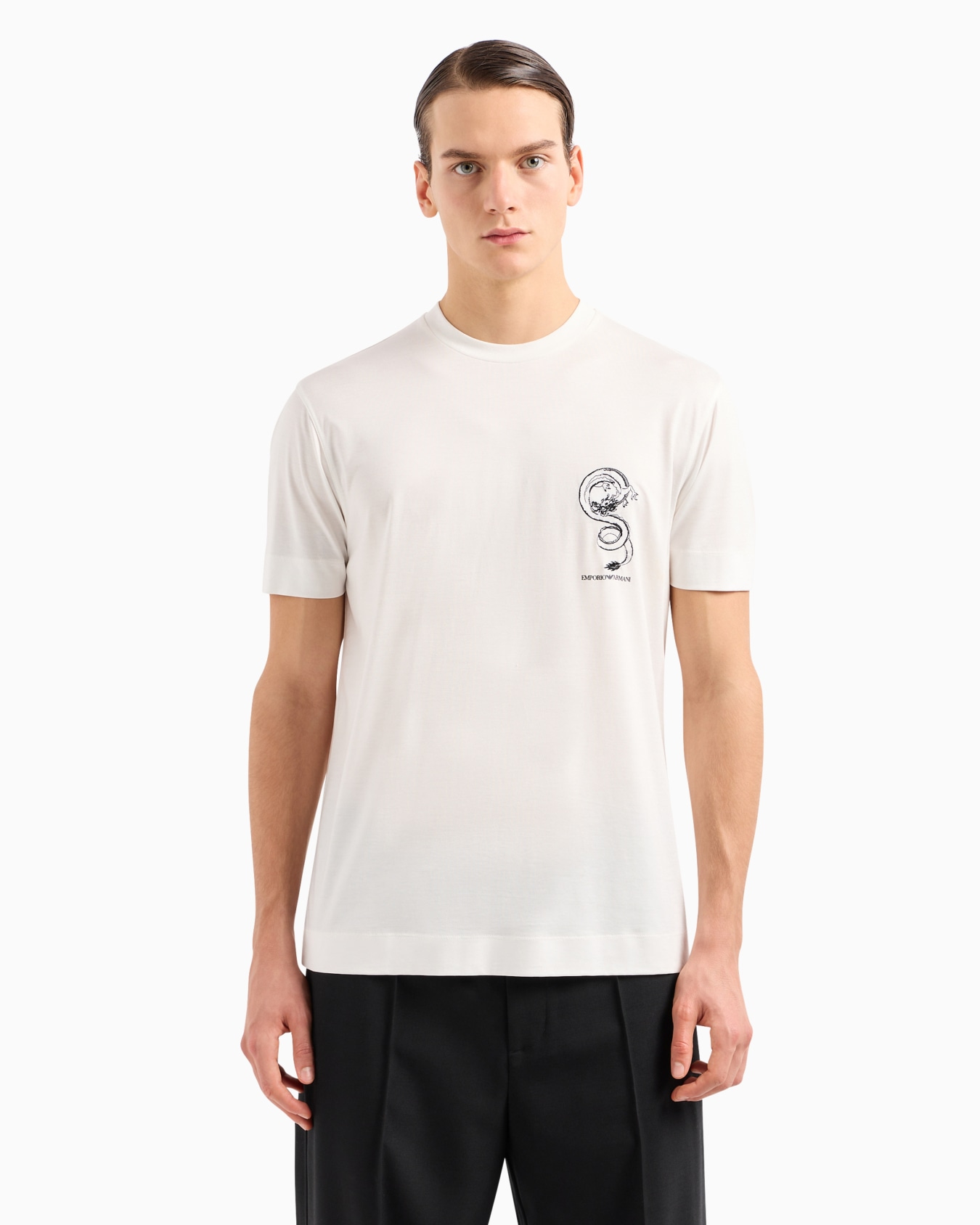 Armani Sustainability Values Lyocell-blend jersey T-shirt with dragon embroidery Slide 1