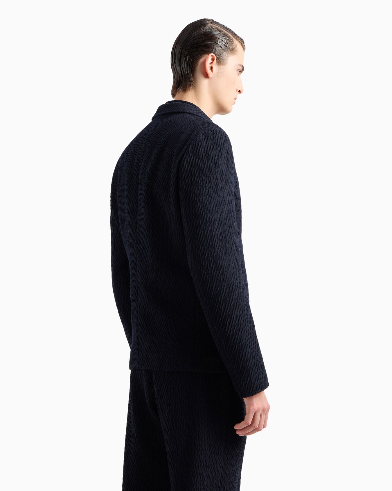 Single-breasted jacket in a 3D-effect virgin-wool stretch jersey knit Slide 3