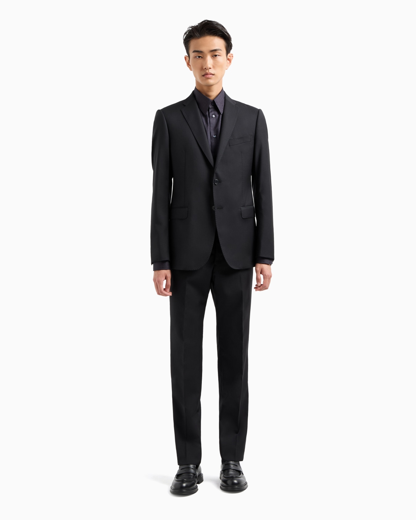 Costume coupe slim à simple boutonnage en laine vierge à micro rayures ton sur ton Diapositive 1