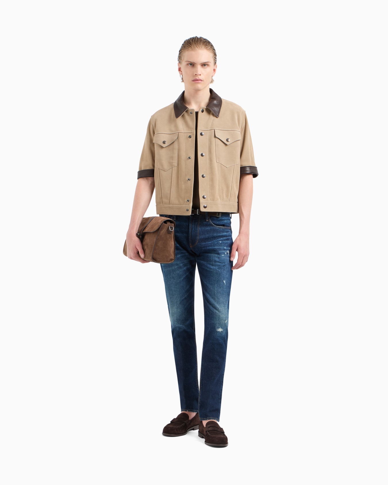 Jean J06 coupe slim en denim stretch lavé à la pierre avec déchirures et nervures Diapositive 2