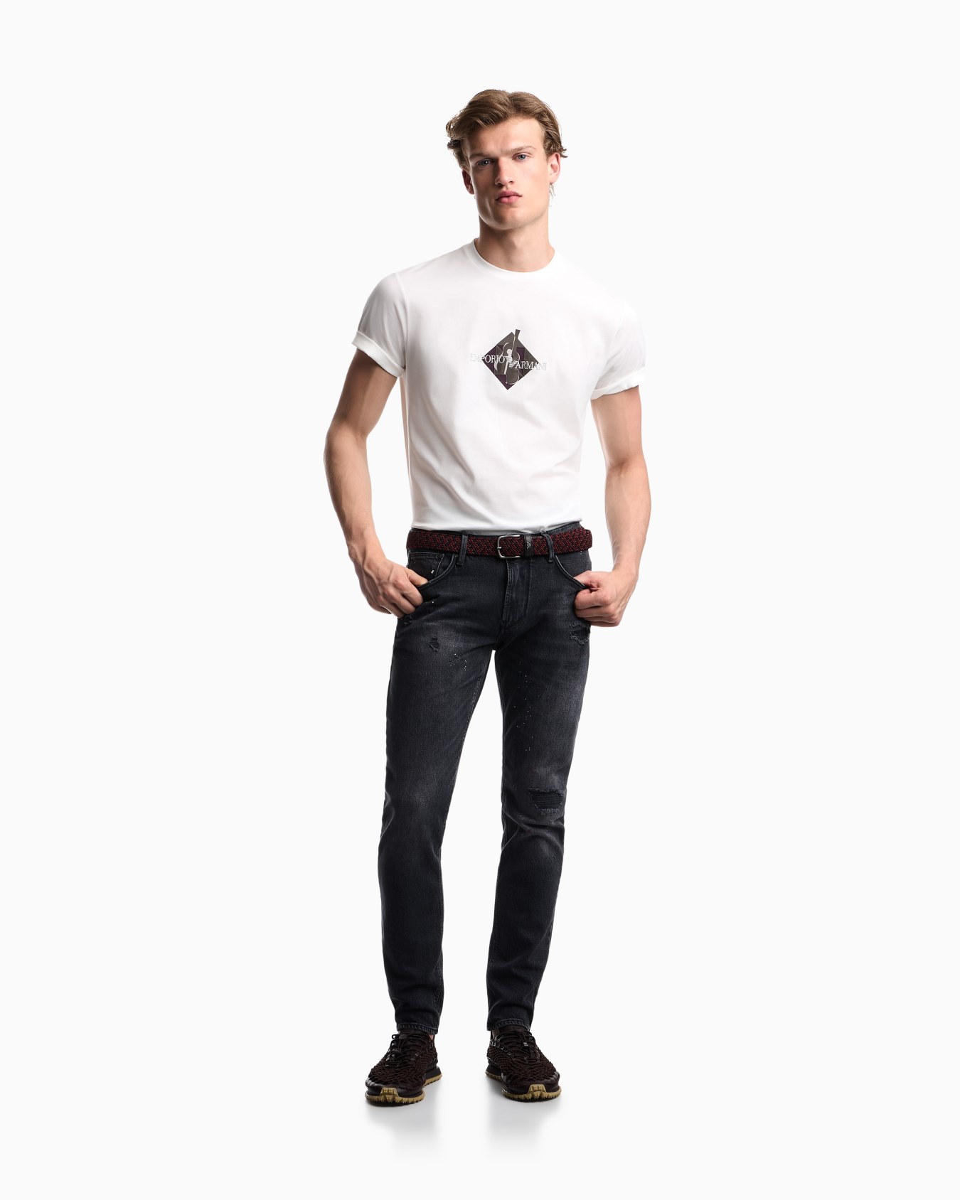 Five-pocket jeans slim fit distressed with paint splatters Slide 1