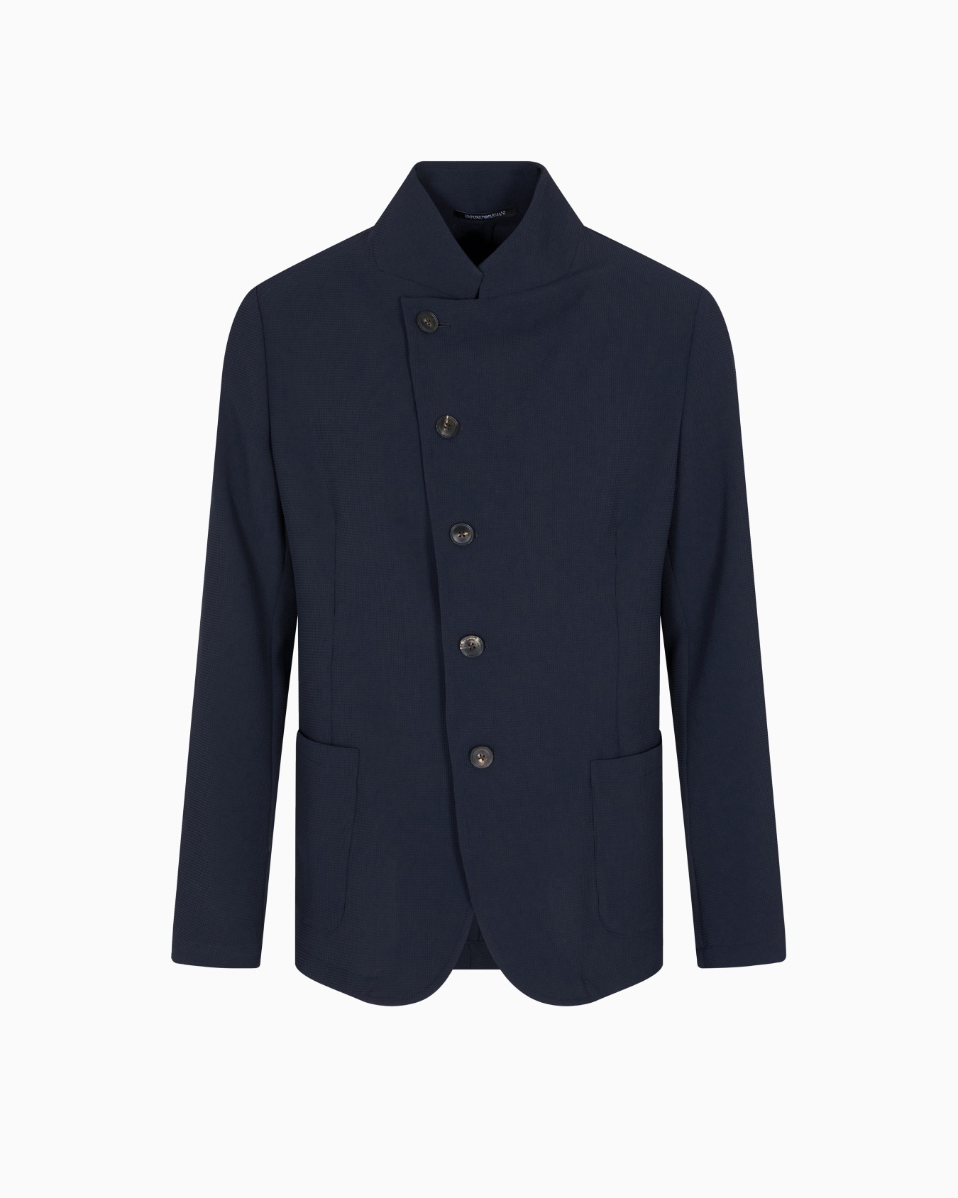 Icon guru-collar jacket with off-centre fastening, in three-dimensional piqué-effect crêpe jersey Slide 0