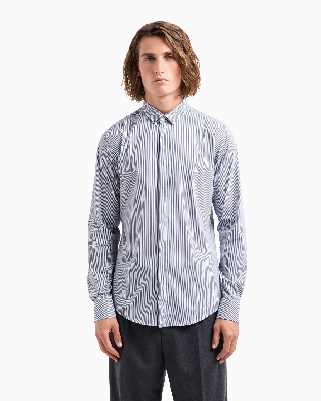 Shirt with a small Italian collar in stretch cotton with jacquard micro-stripes Slide 1