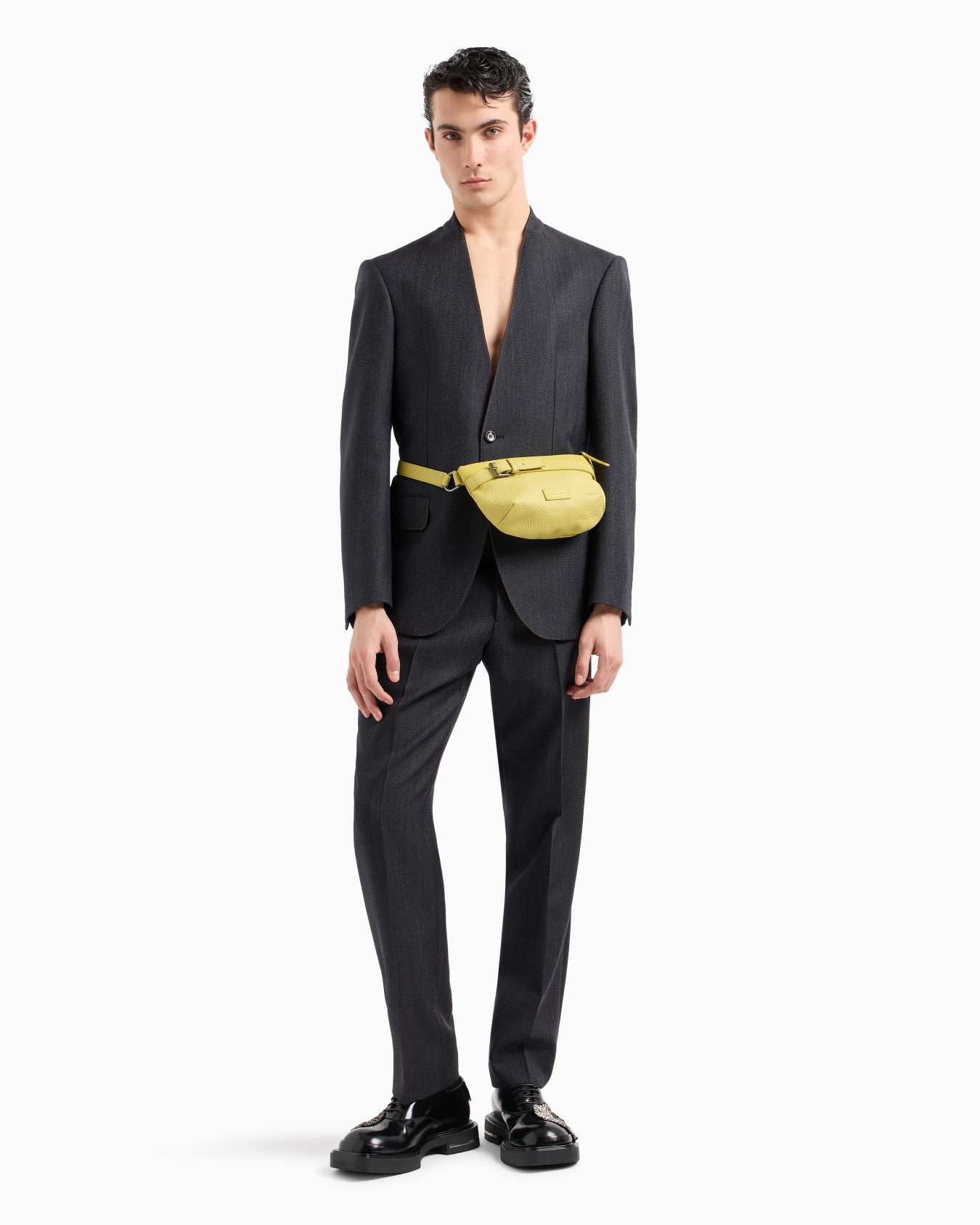 Mouliné wool-blend trousers with chevron motif Slide 3