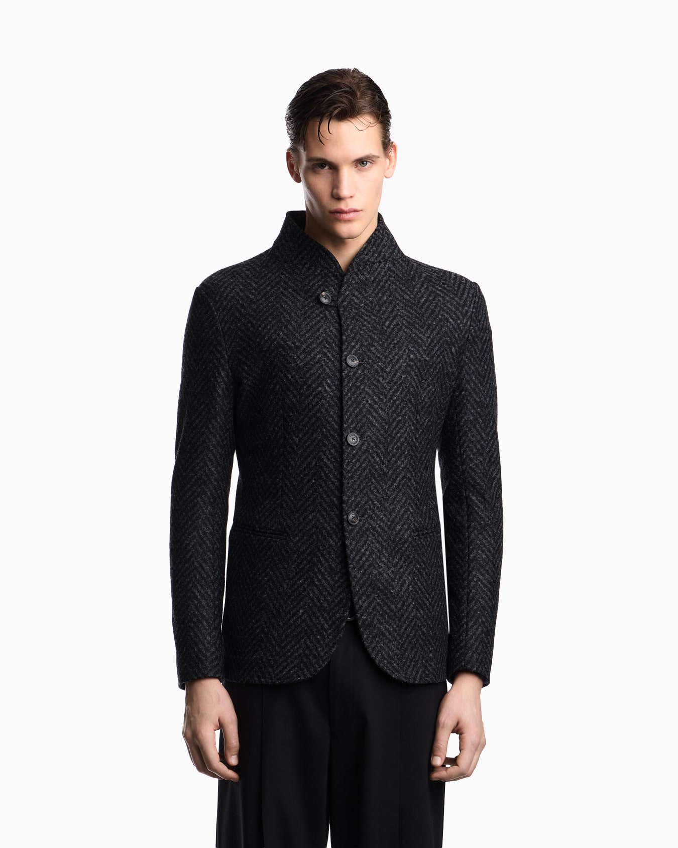 Guru-collar jacket in jacquard jersey with a chevron motif Slide 3