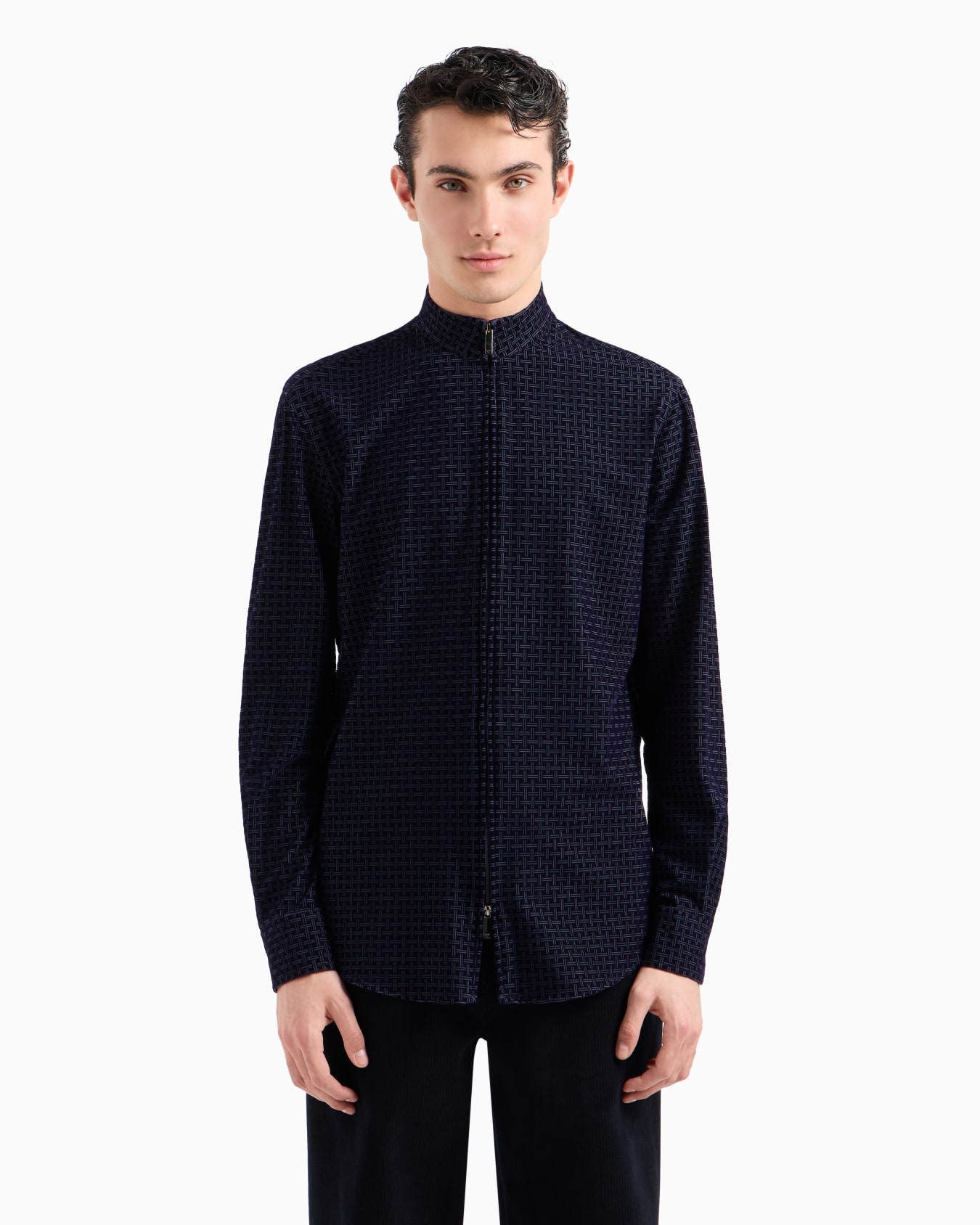 Full-zip shirt in technical fabric with flocked pattern Slide 1