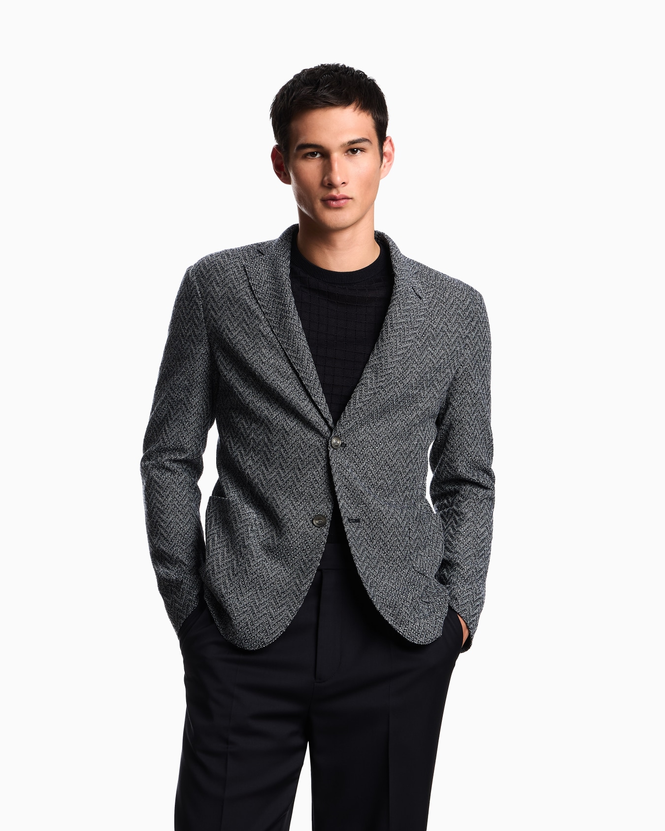 Icon single-breasted jacket in chevron-motif wool Slide 3