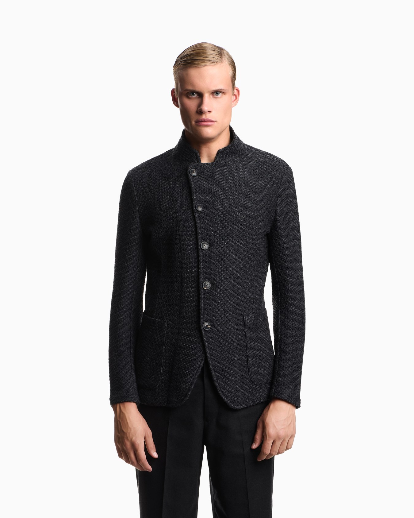 Icon guru-collar jacket with off-centre fastening in a chevron wool knit Slide 3