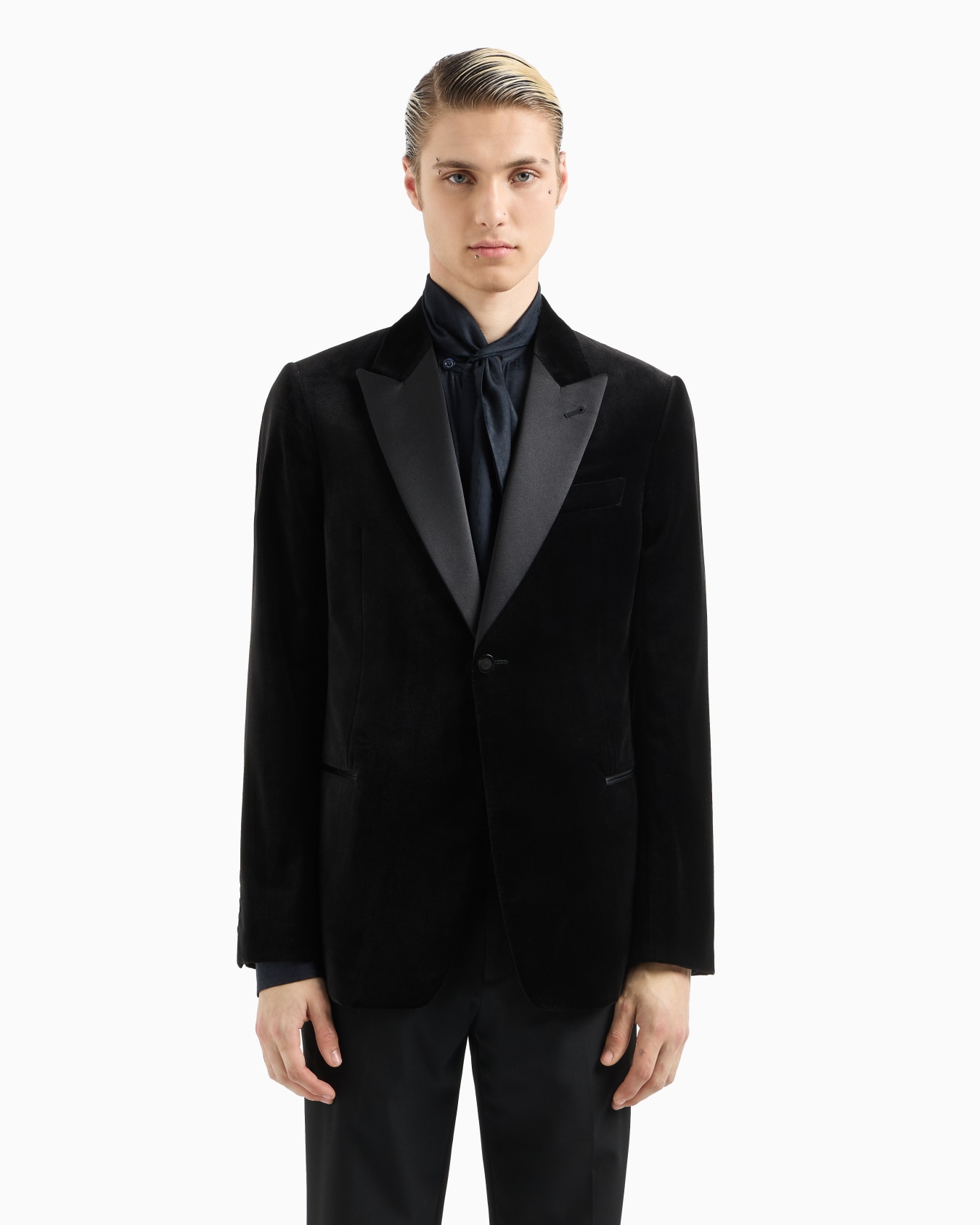 Velvet tuxedo jacket with all-over printed motif Slide 1