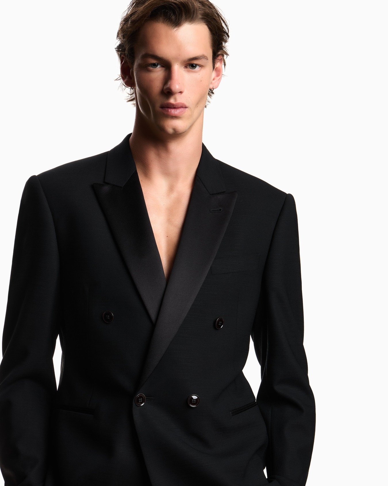Double-breasted tuxedo jacket in stretch wool shantung 슬라이드 4