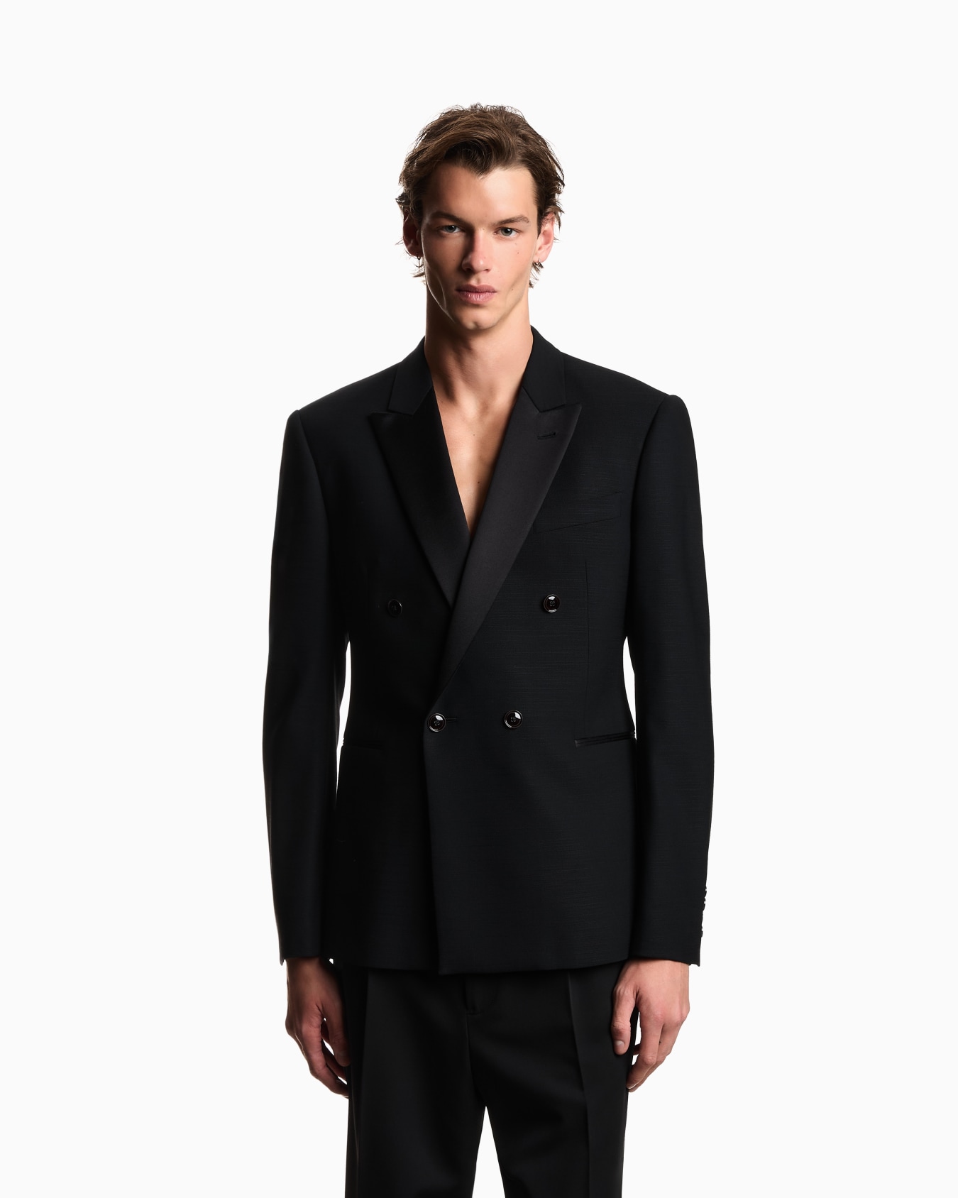 Double-breasted tuxedo jacket in stretch wool shantung 슬라이드 3