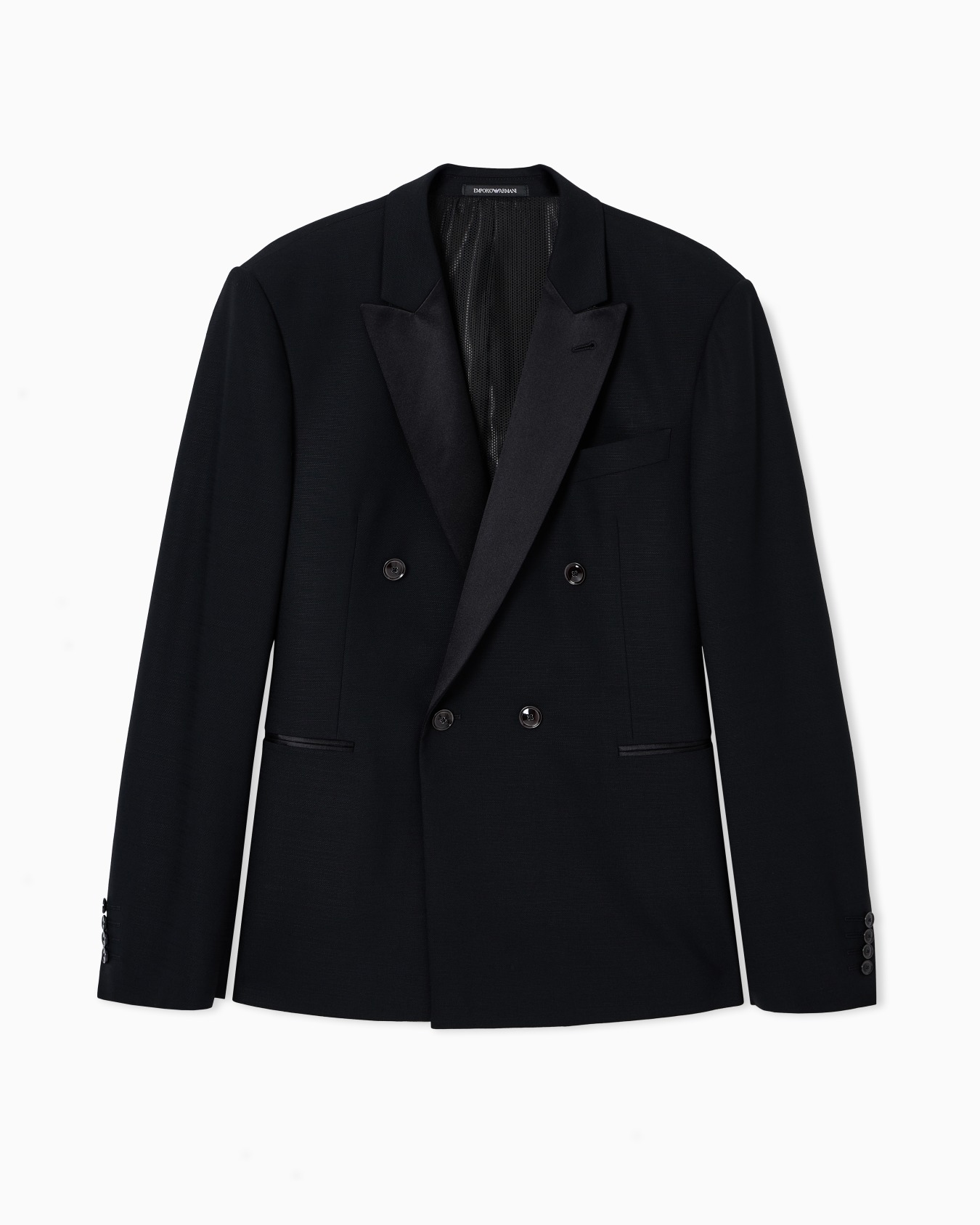 Double-breasted tuxedo jacket in stretch wool shantung 슬라이드 0