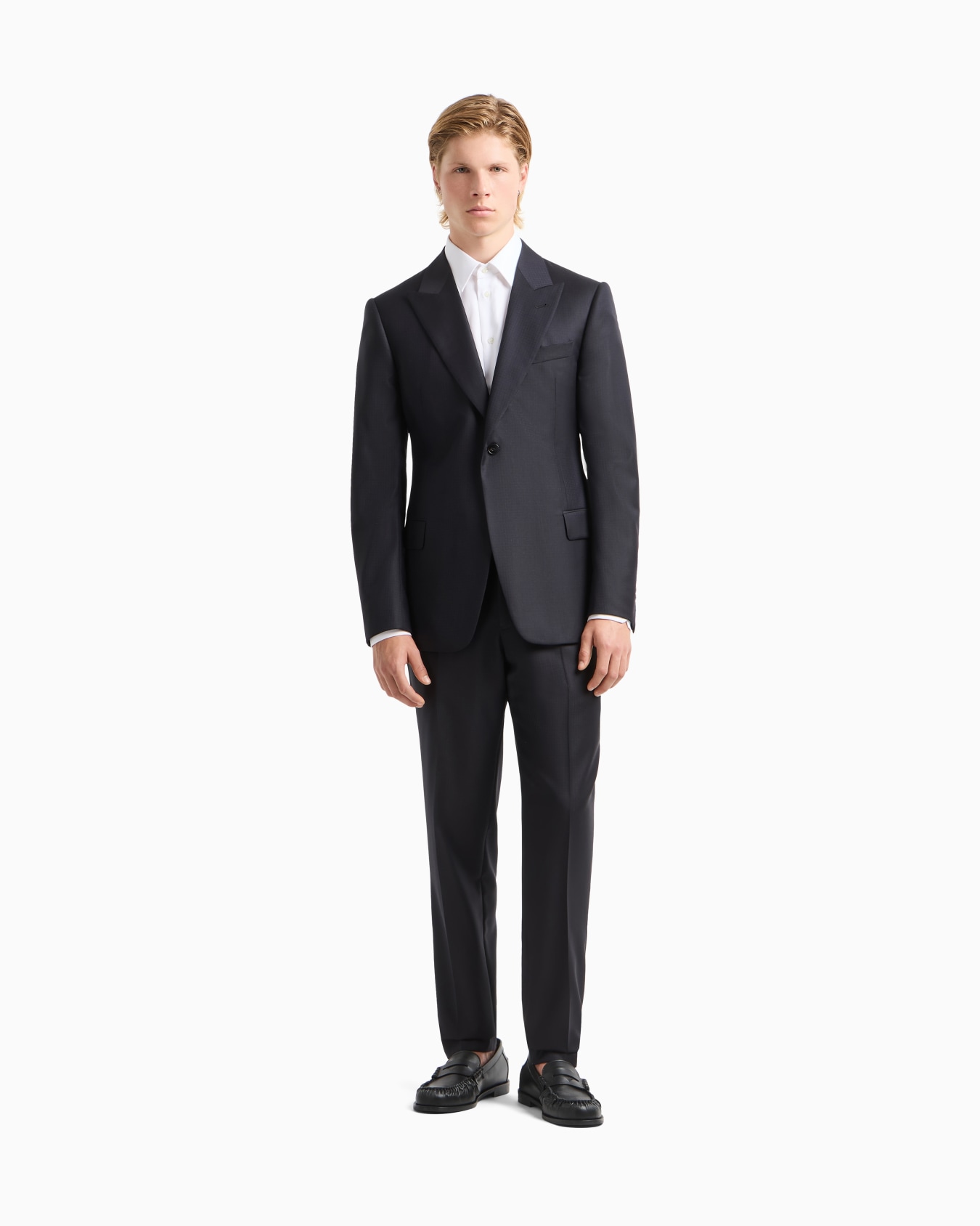 Traje de abotonadura sencilla en lana fría con motivo pata de gallo en tejido jacquard Diapositiva 3