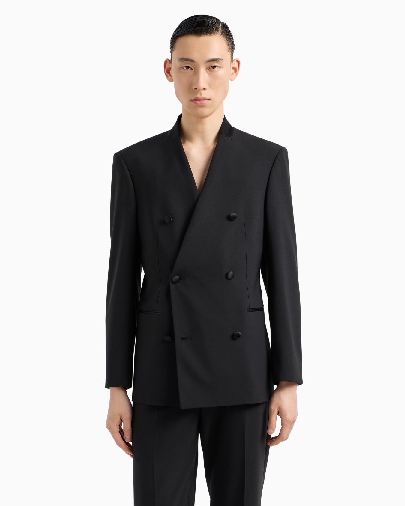 Double-breasted blazer in two-way stretch virgin wool canvas with satin collar Slide 3