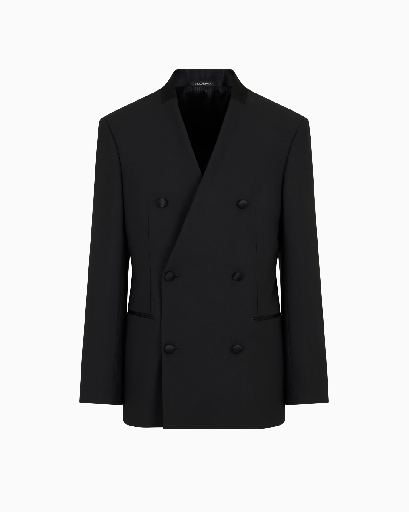 Double-breasted blazer in two-way stretch virgin wool canvas with satin collar Slide 0