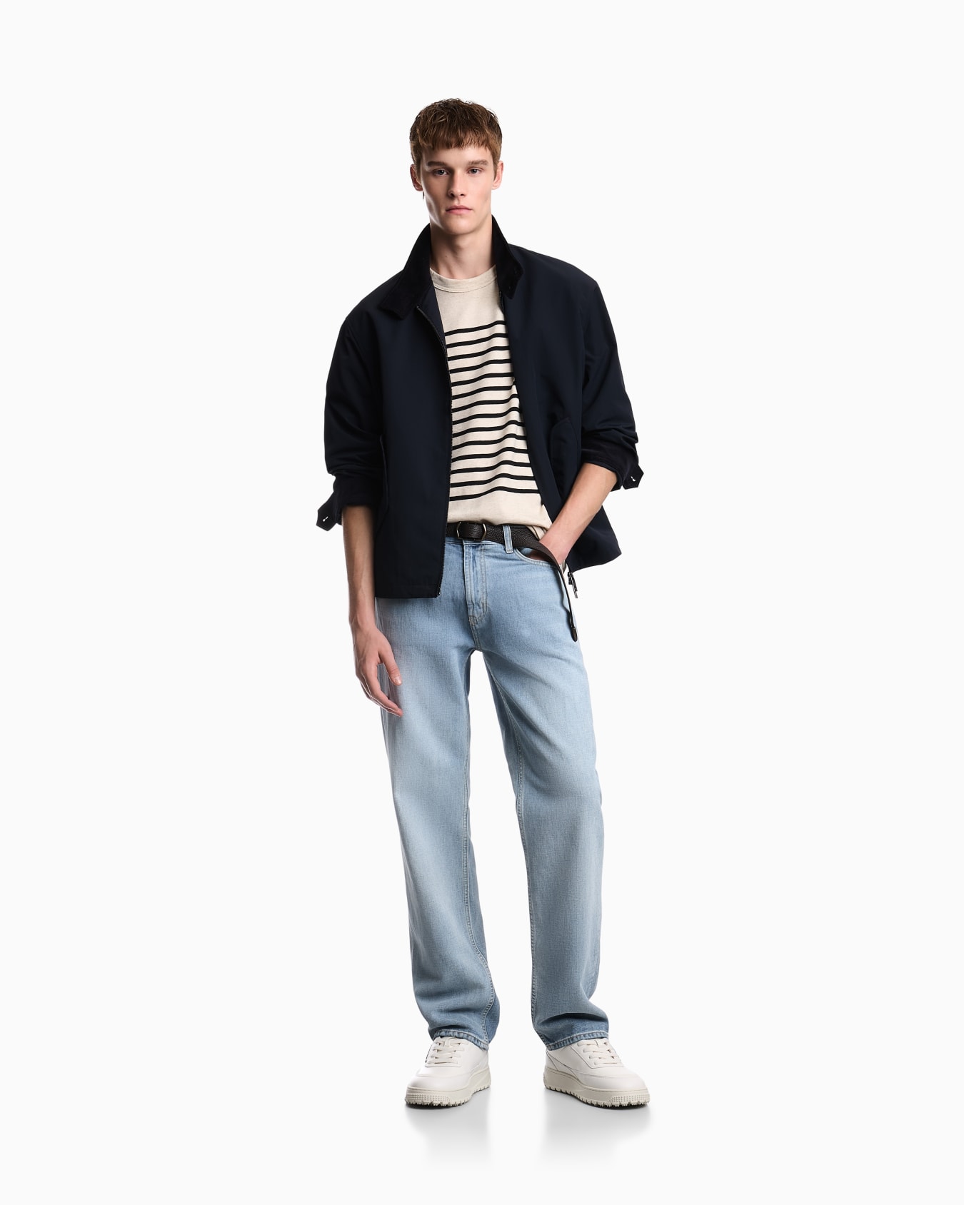 Five-pocket denim jeans in a faded cotton and linen blend Slide 1
