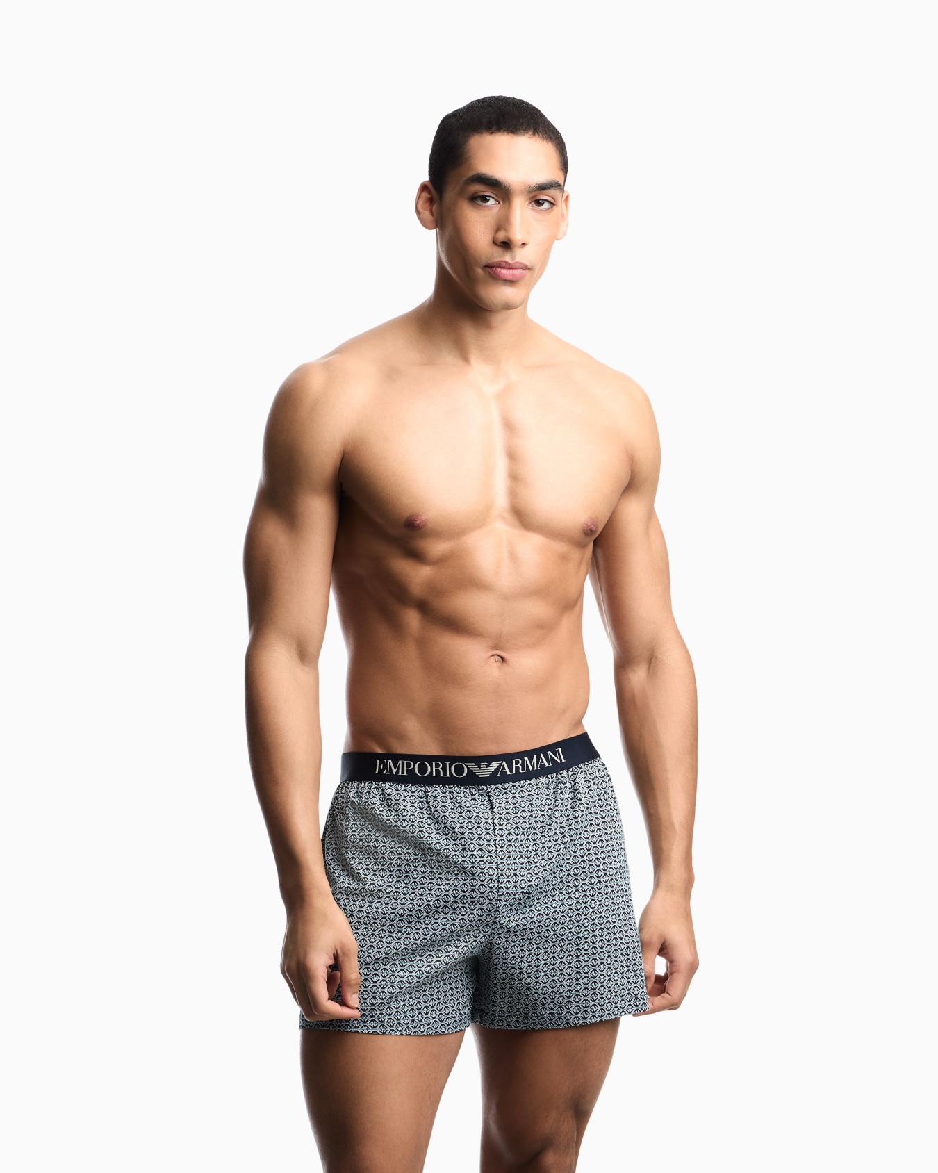 Boxer shorts in striped cotton jersey with logo waistband 슬라이드 1